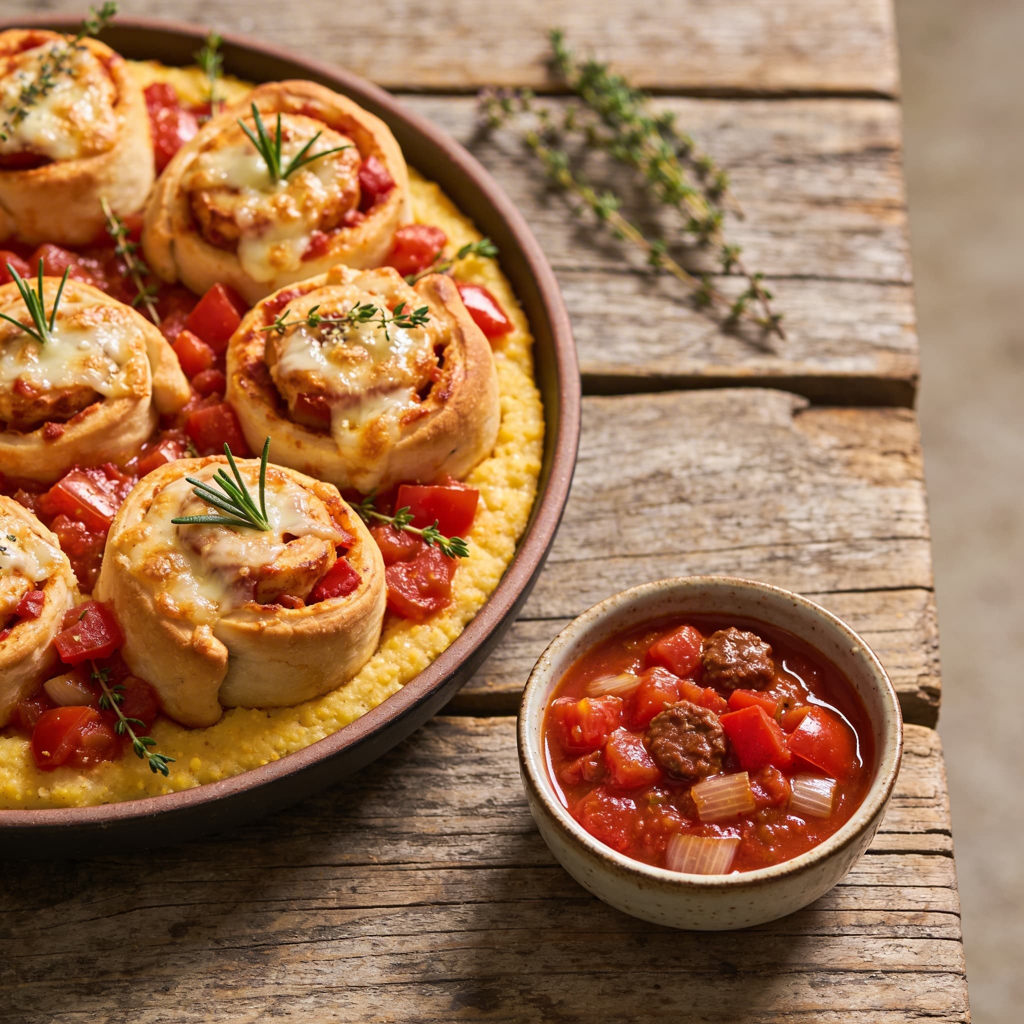 Herzhafte Pizzaschnecken mit Tomatendip