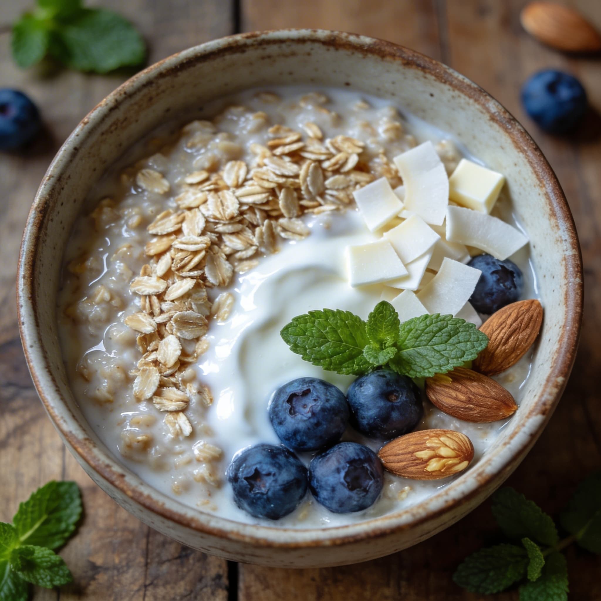 Kokos-Porridge mit frischen Blaubeeren