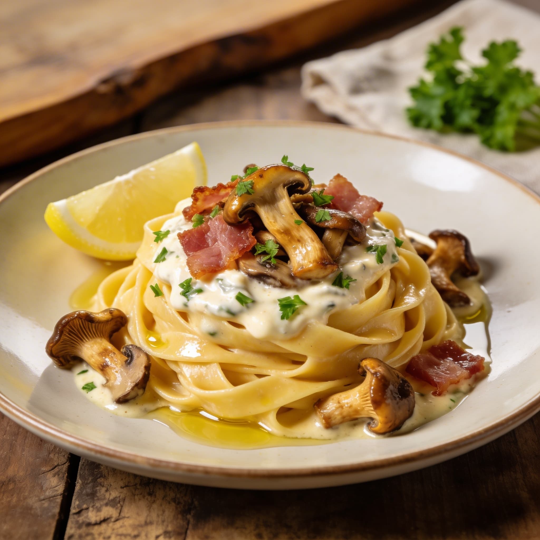 Cremige Pfifferling-Tagliatelle mit Speck