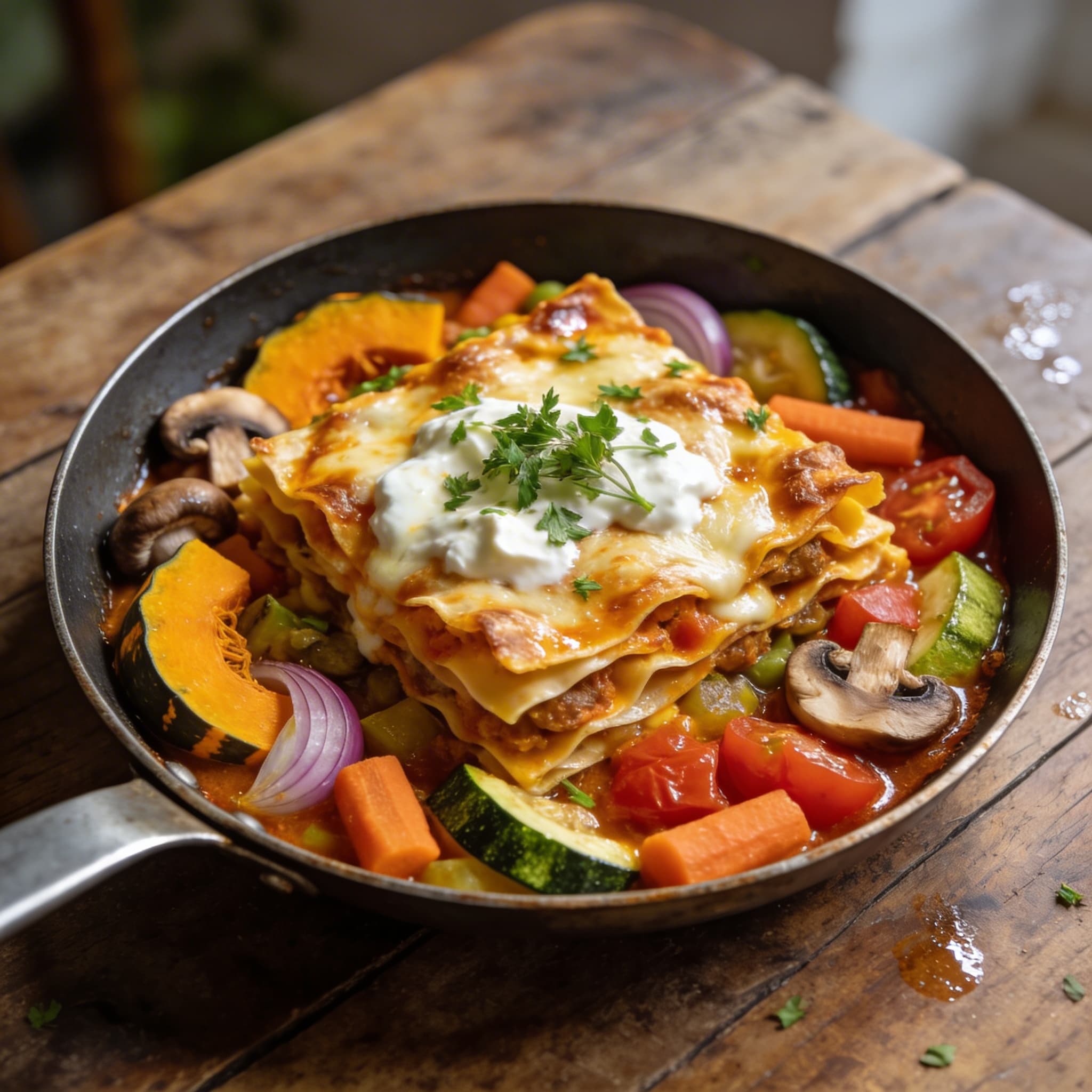 Vegetarische Pfannen-Lasagne mit Kürbis