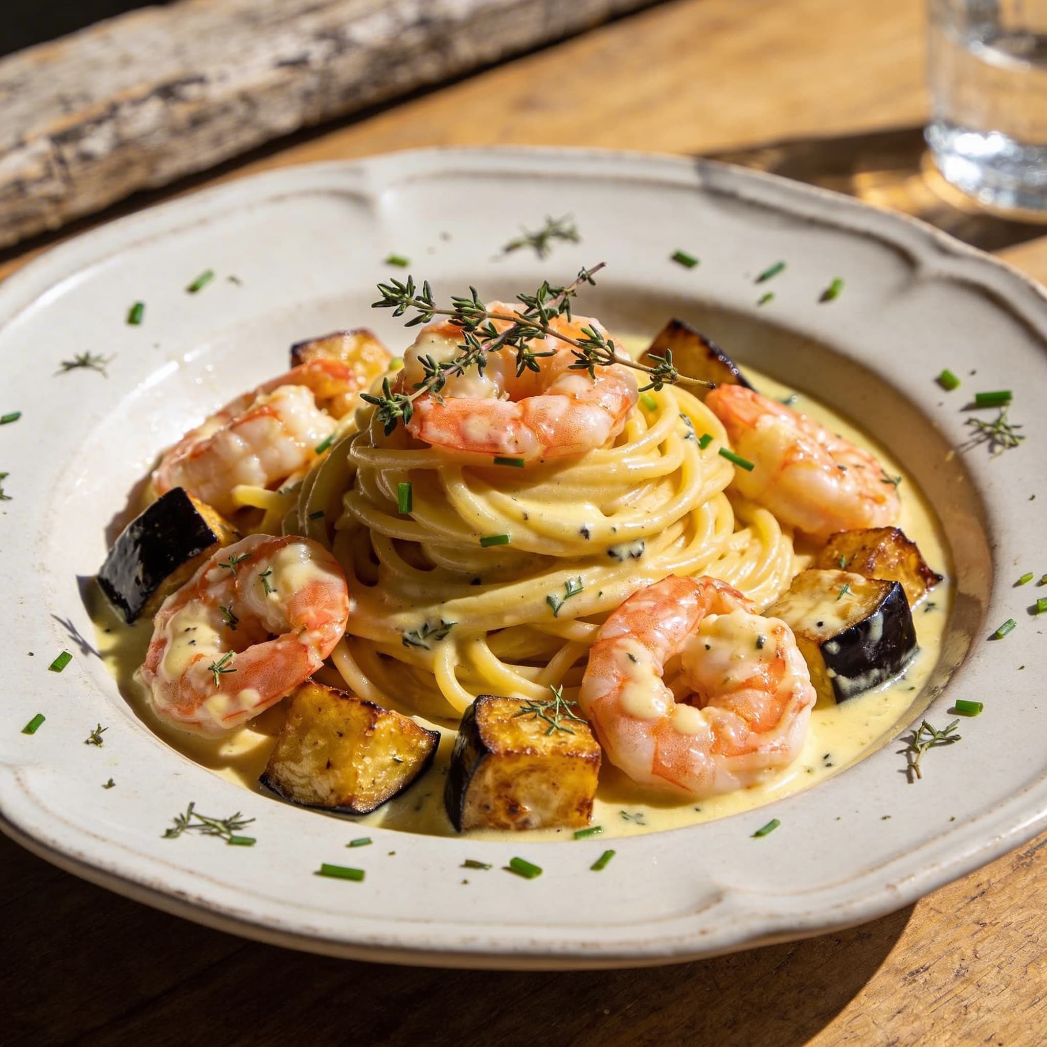 Shrimp-Spaghetti mit Röst-Auberginen
