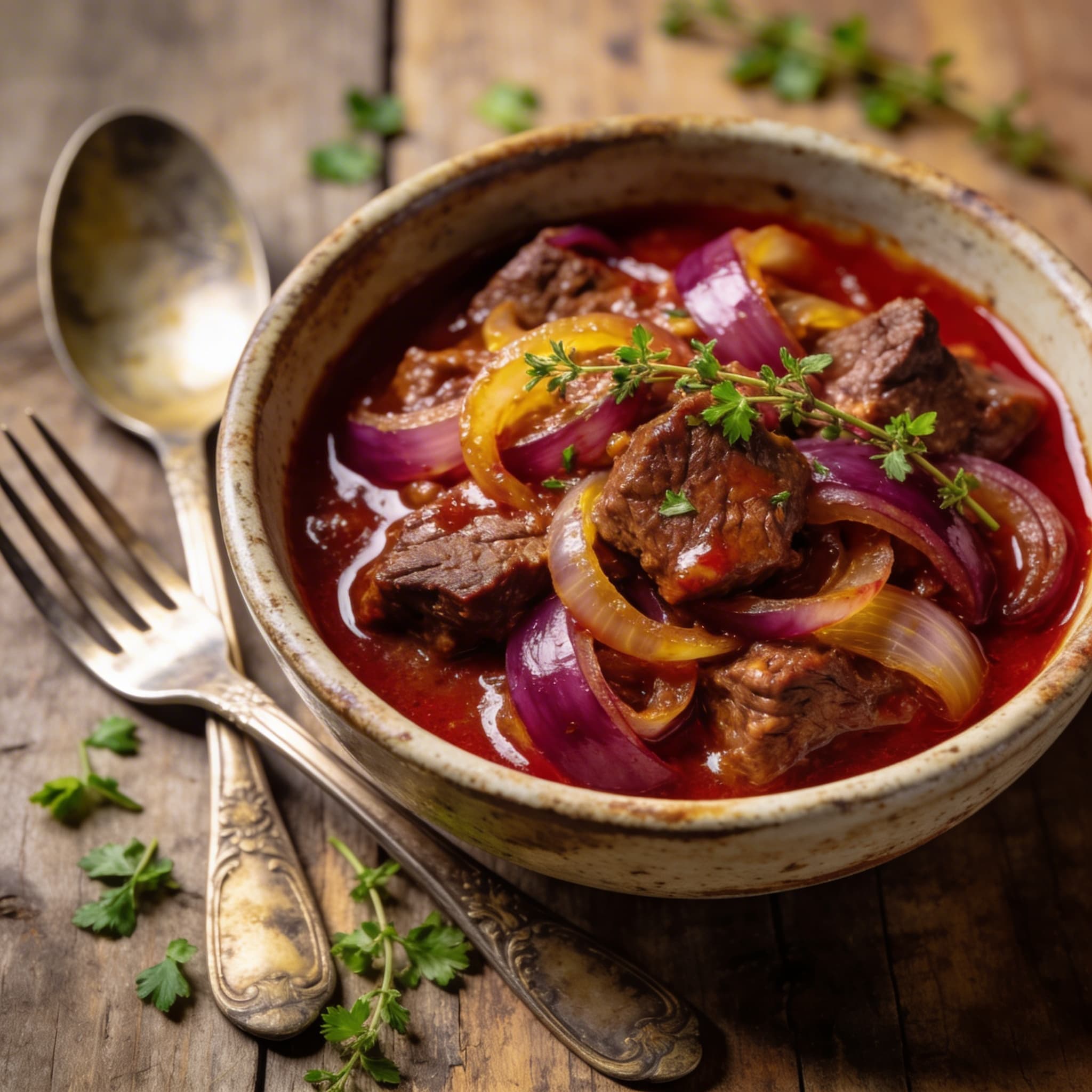 Wuerziges Rindergulasch mit Zwiebeln