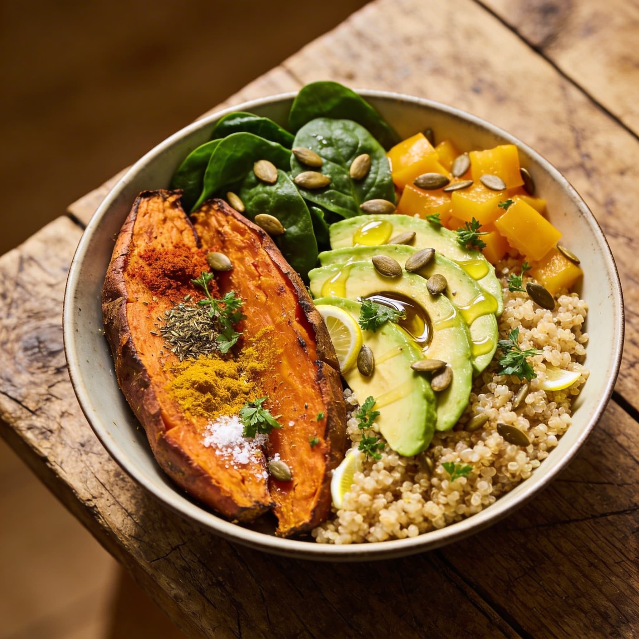 Geröstete Süßkartoffel Quinoa Bowl