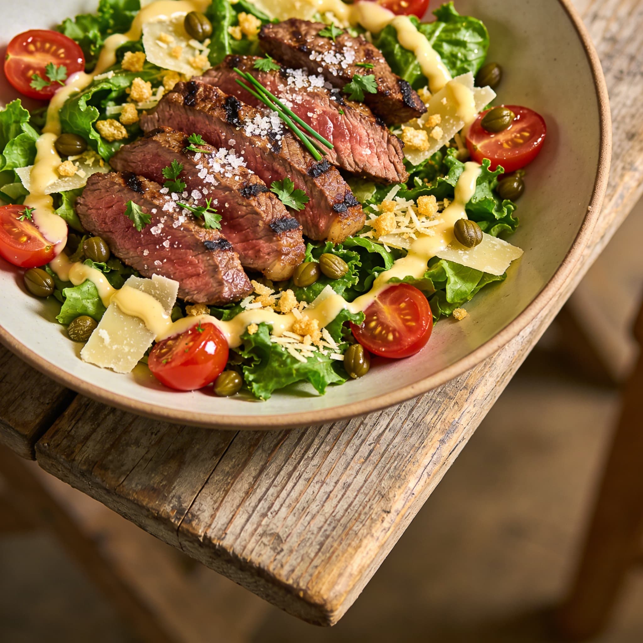 Knackiger Caesar-Salat mit Steak