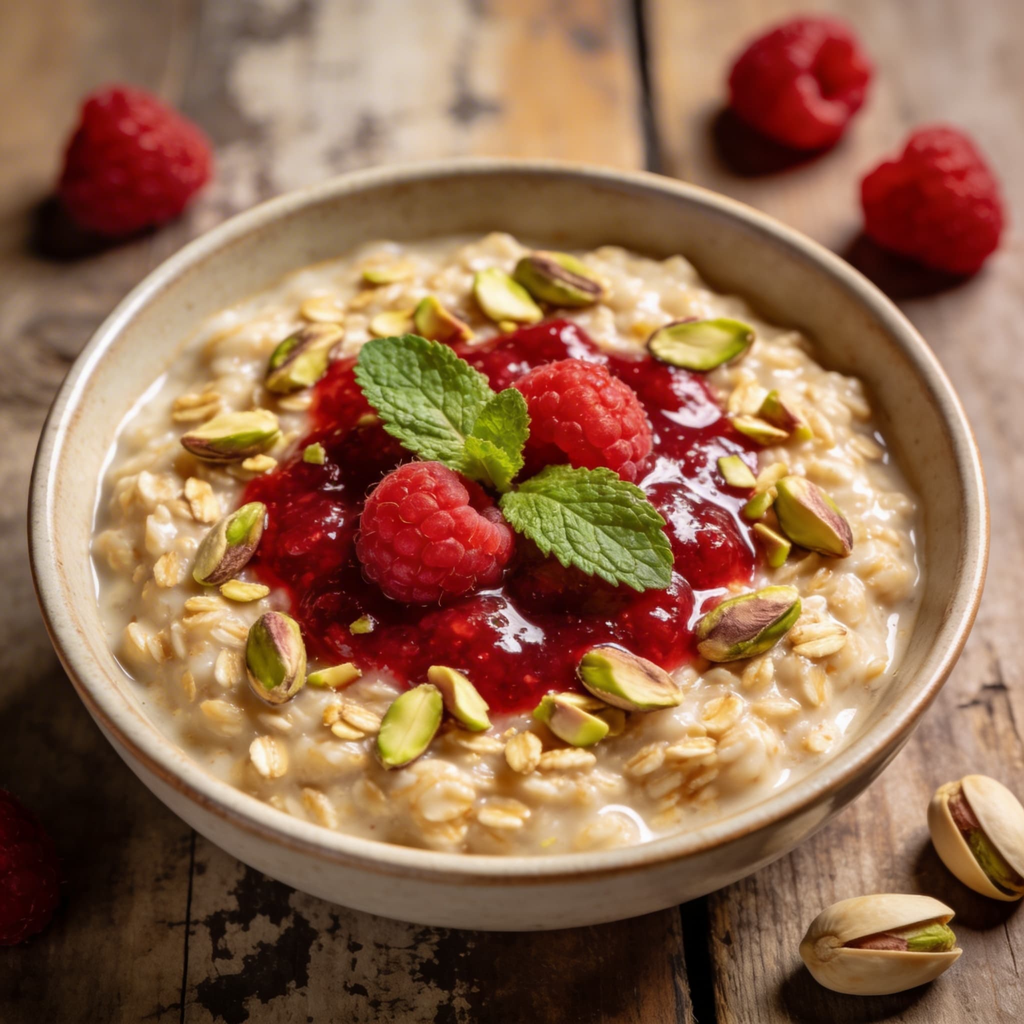 Warmer Beeren-Porridge mit Pistazien