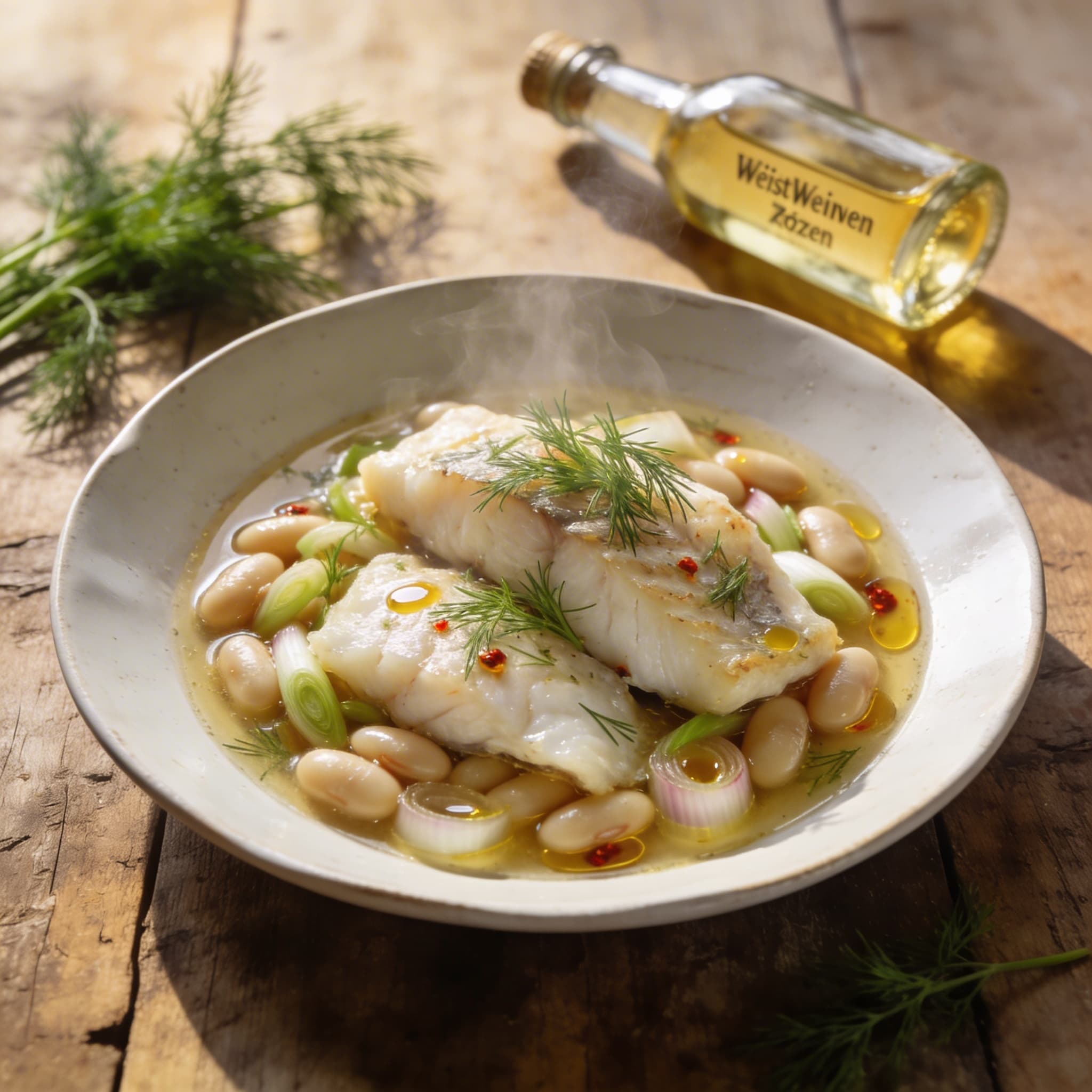 Gezogener Kabeljau im Sud