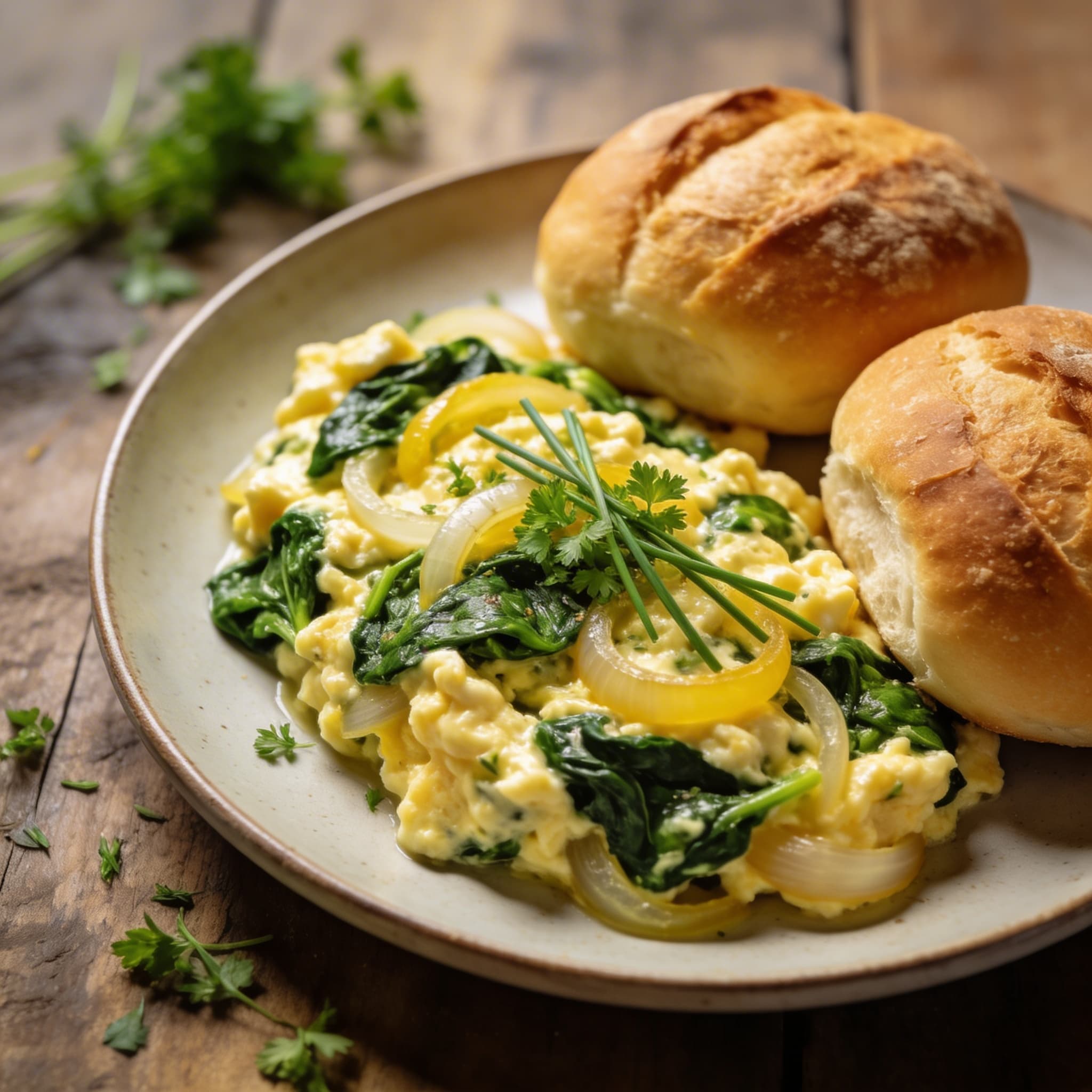 Fluffiges Spinat-Rührei mit Brötchen