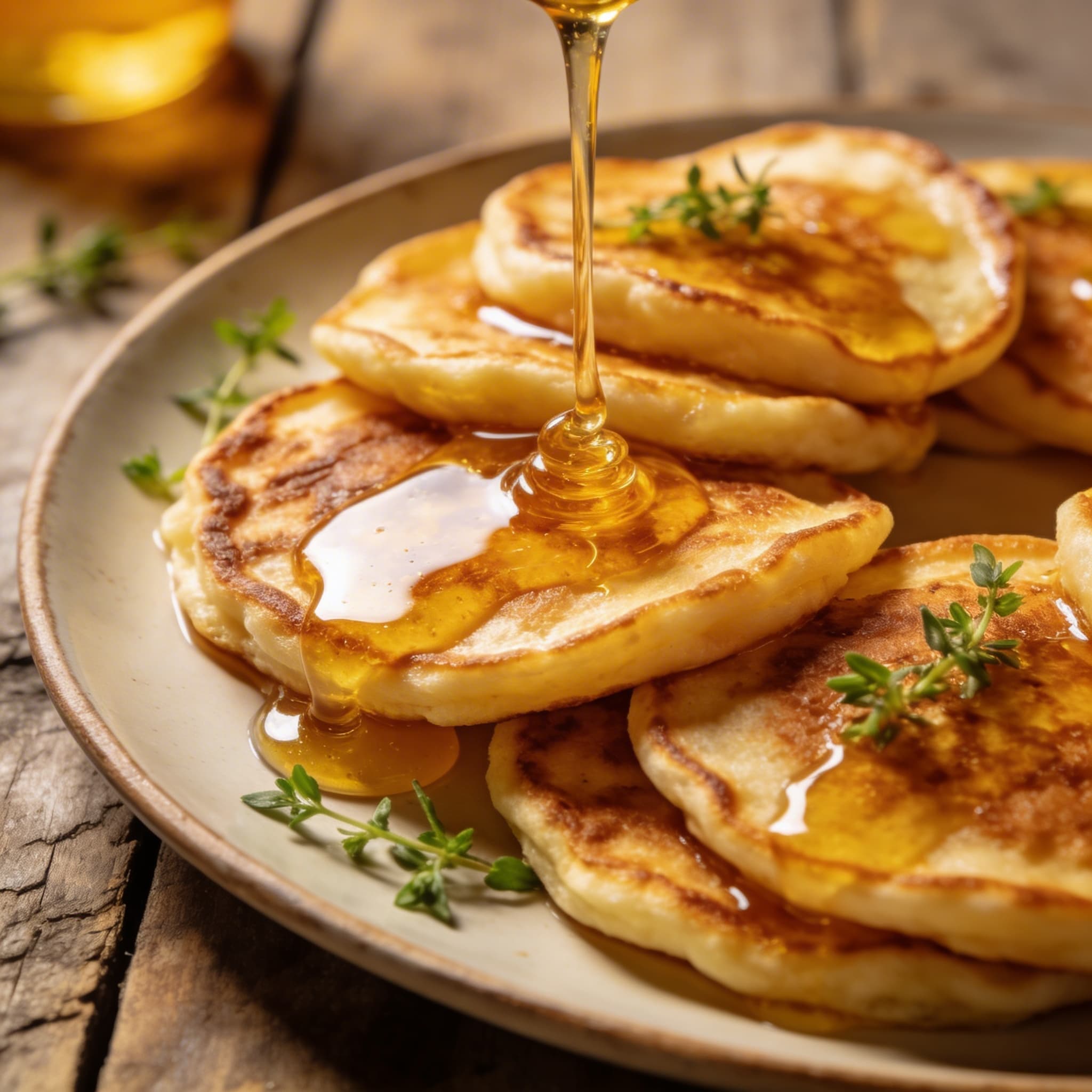 Goldbraune Pfannkuchen mit Honig