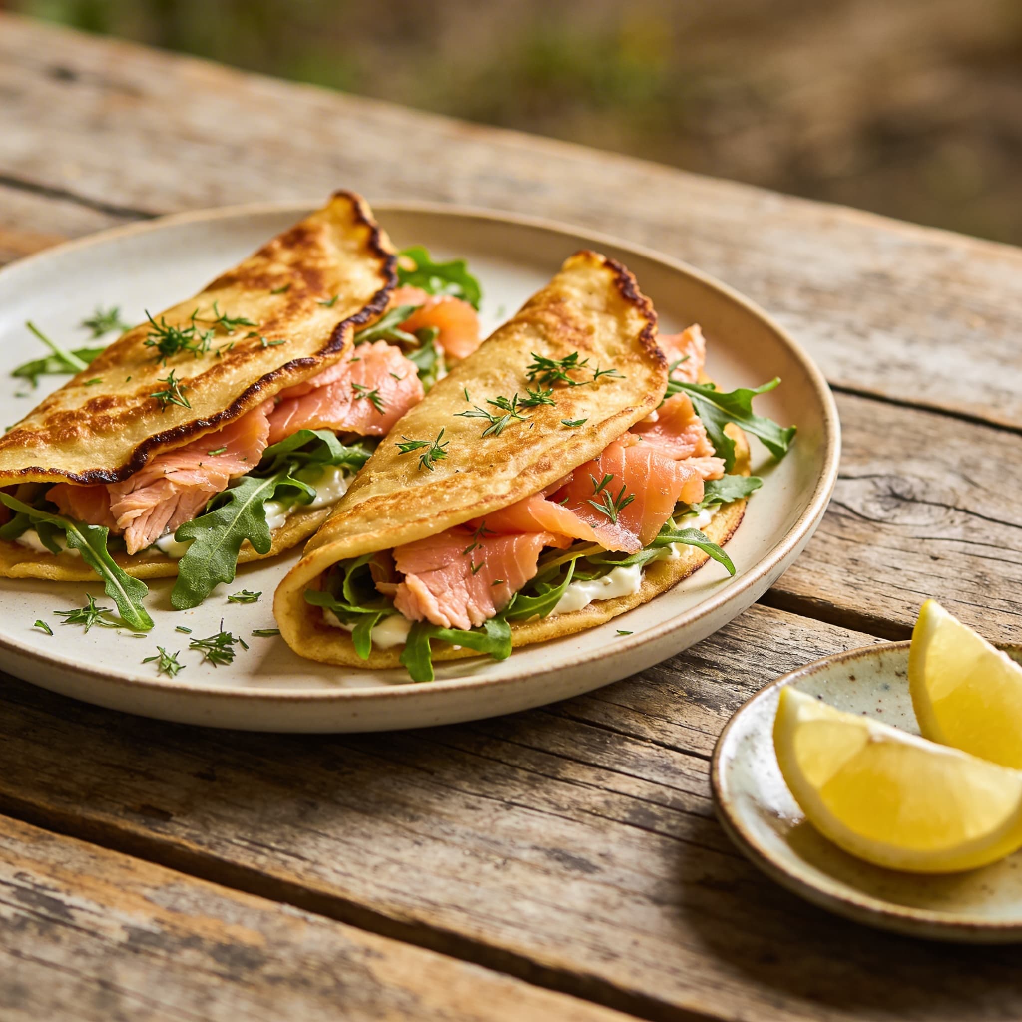 Herzhafte Lachspfannkuchen mit Rucola
