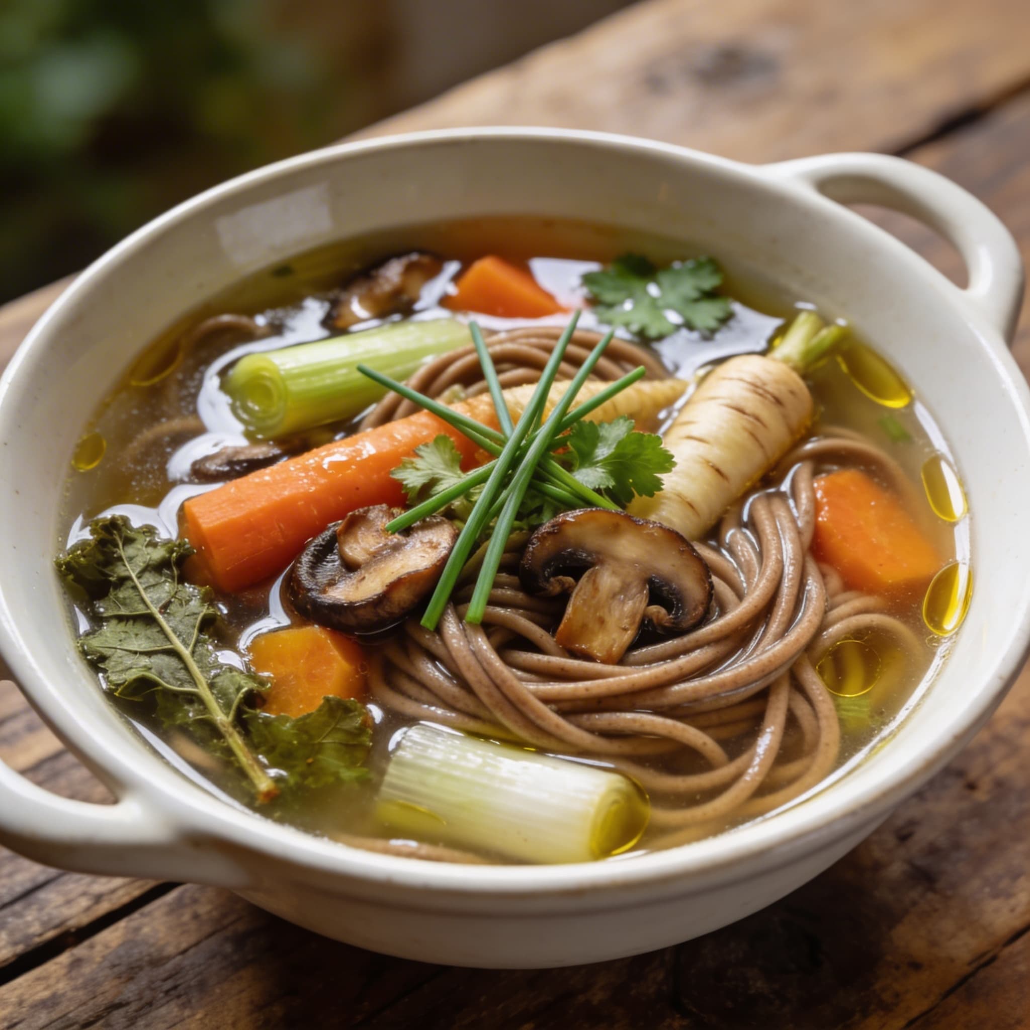 Herzhafte Nudelsuppe mit Pilzen