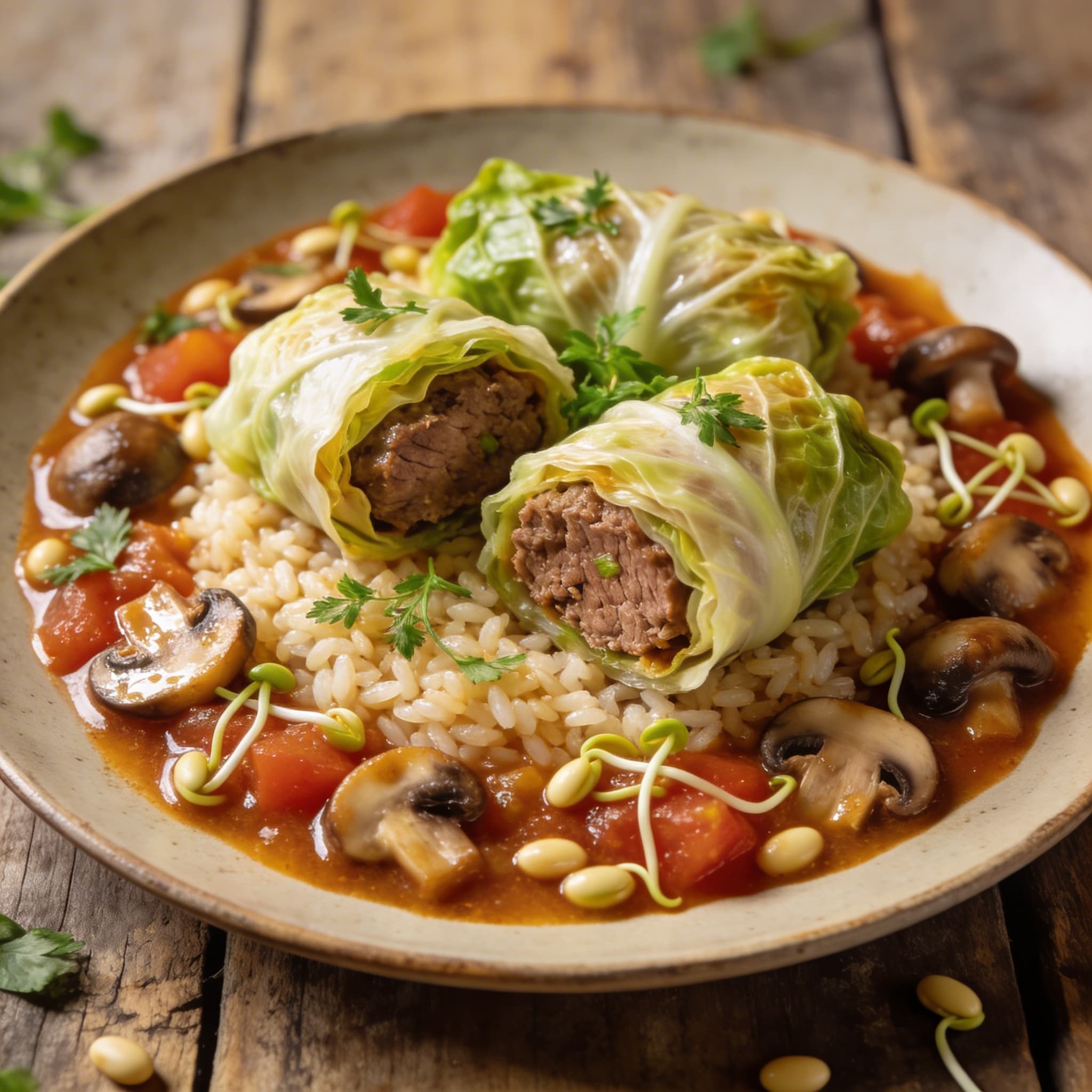 Gefüllte Chinakohl-Röllchen mit Klebereis