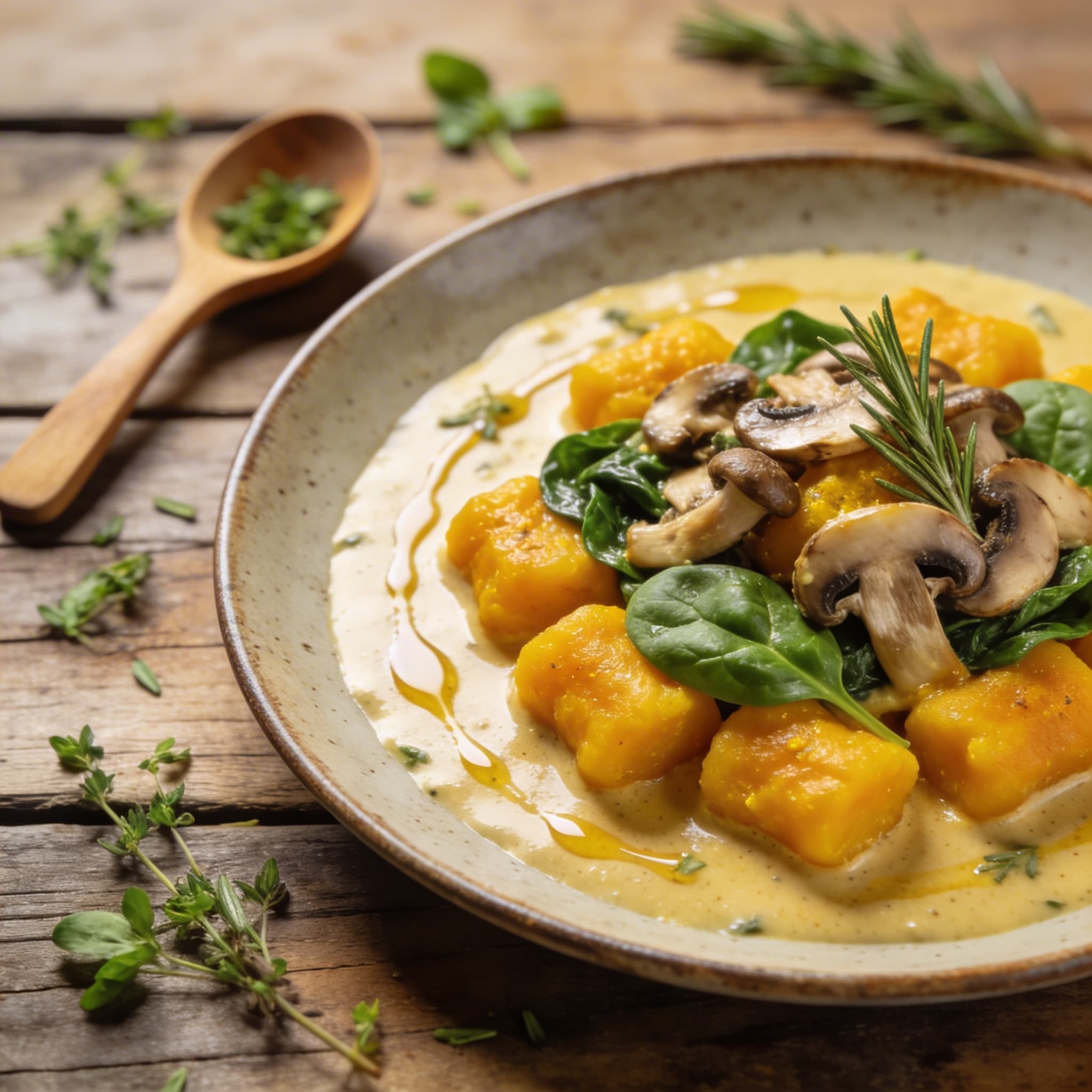 Kürbis-Gnocchi mit Kurkuma-Pilz-Sauce