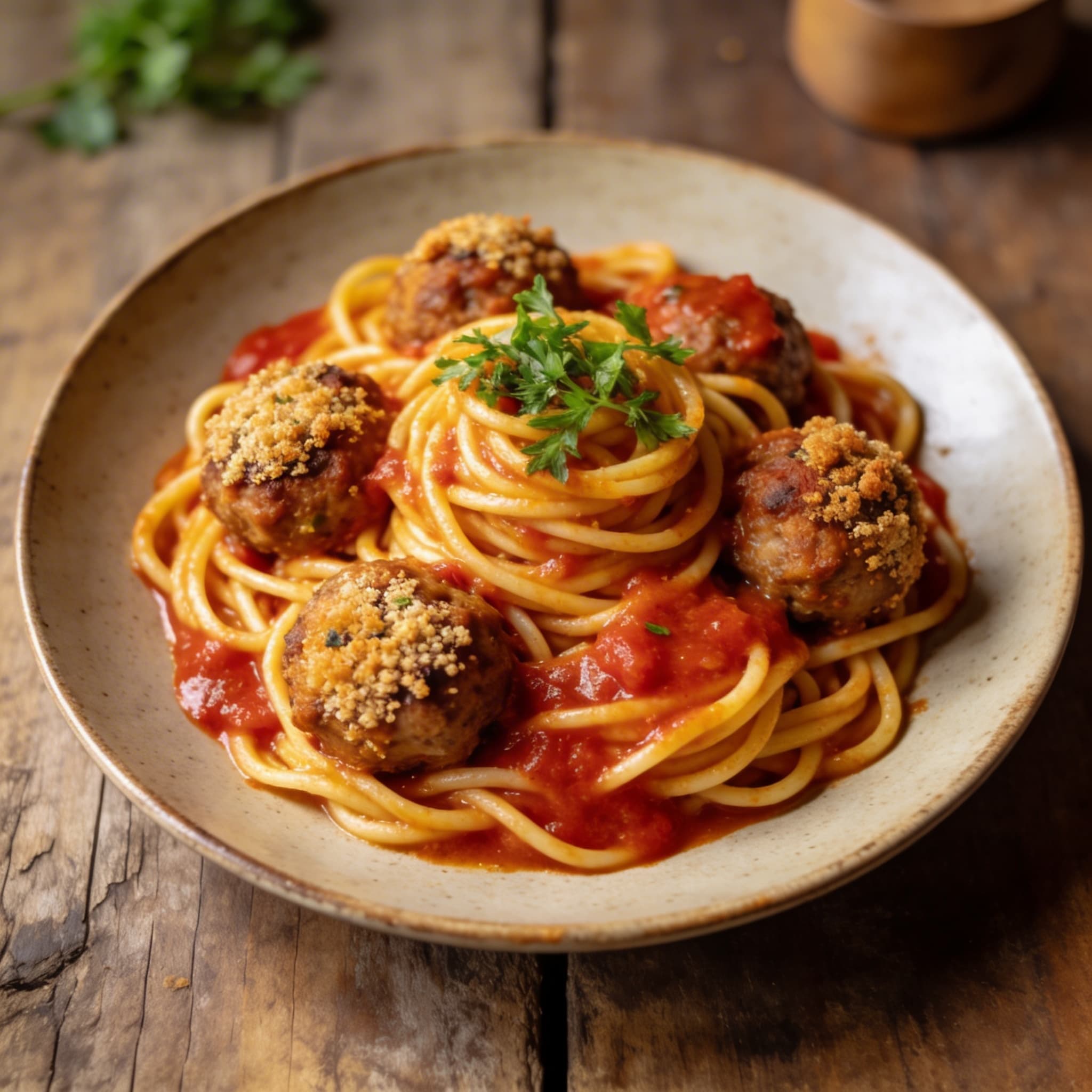 Spaghetti mit würzigen Hackbällchen