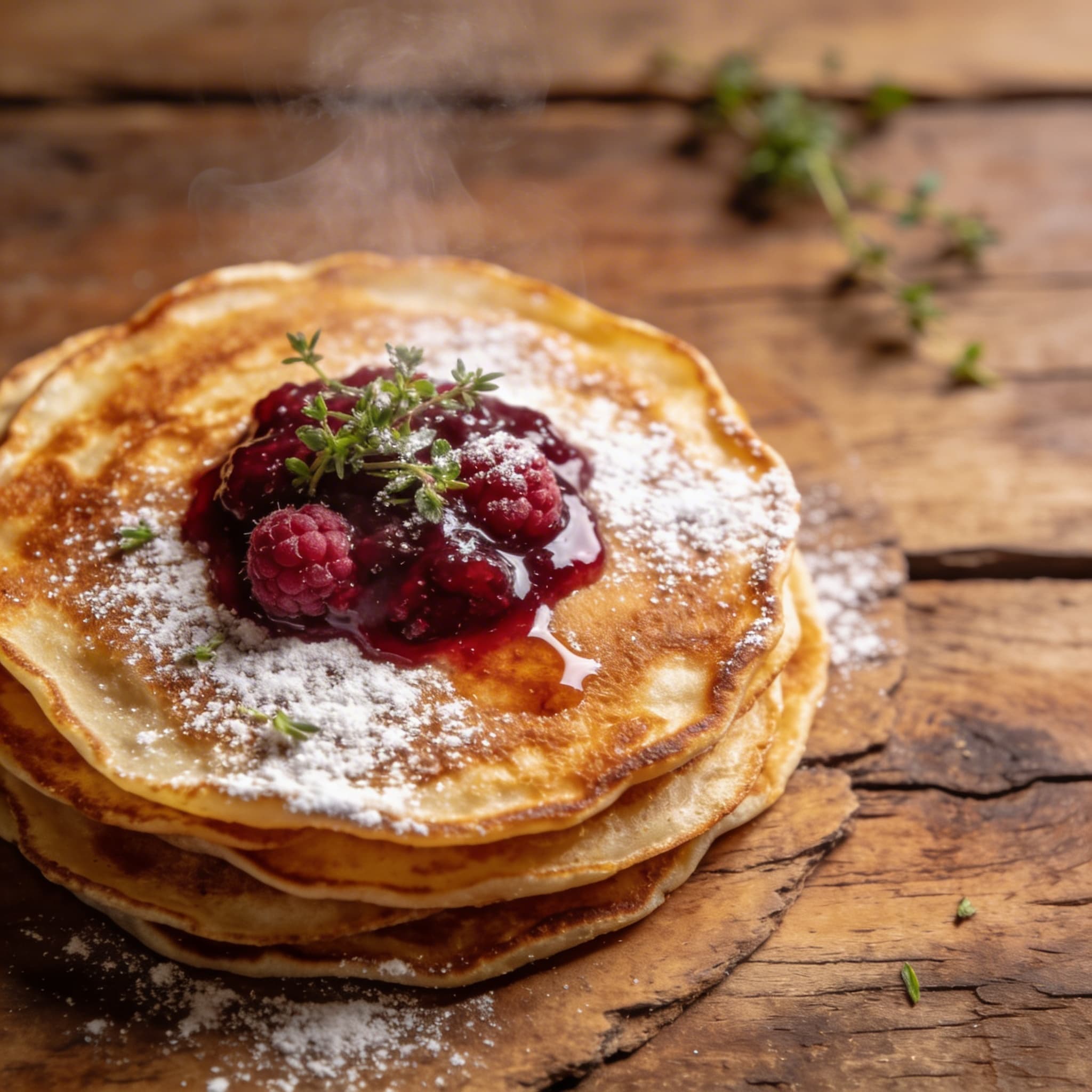 Goldbraune Pfannkuchen mit Konfitüre