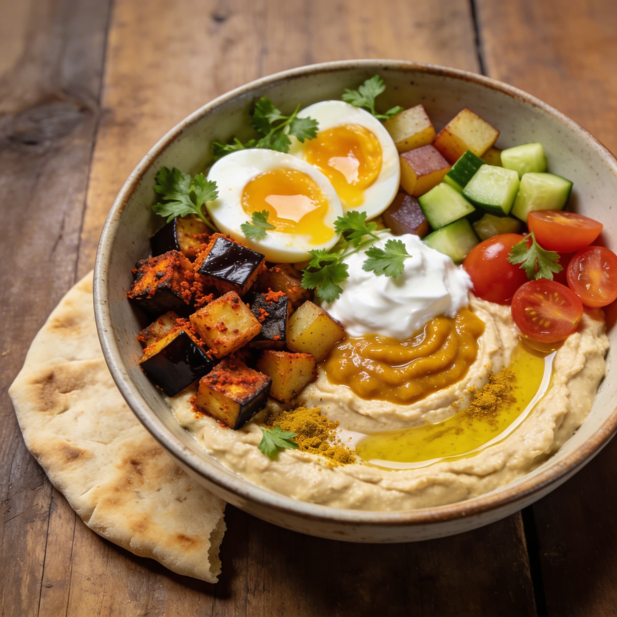 Würzige Hummus-Sabich-Bowl