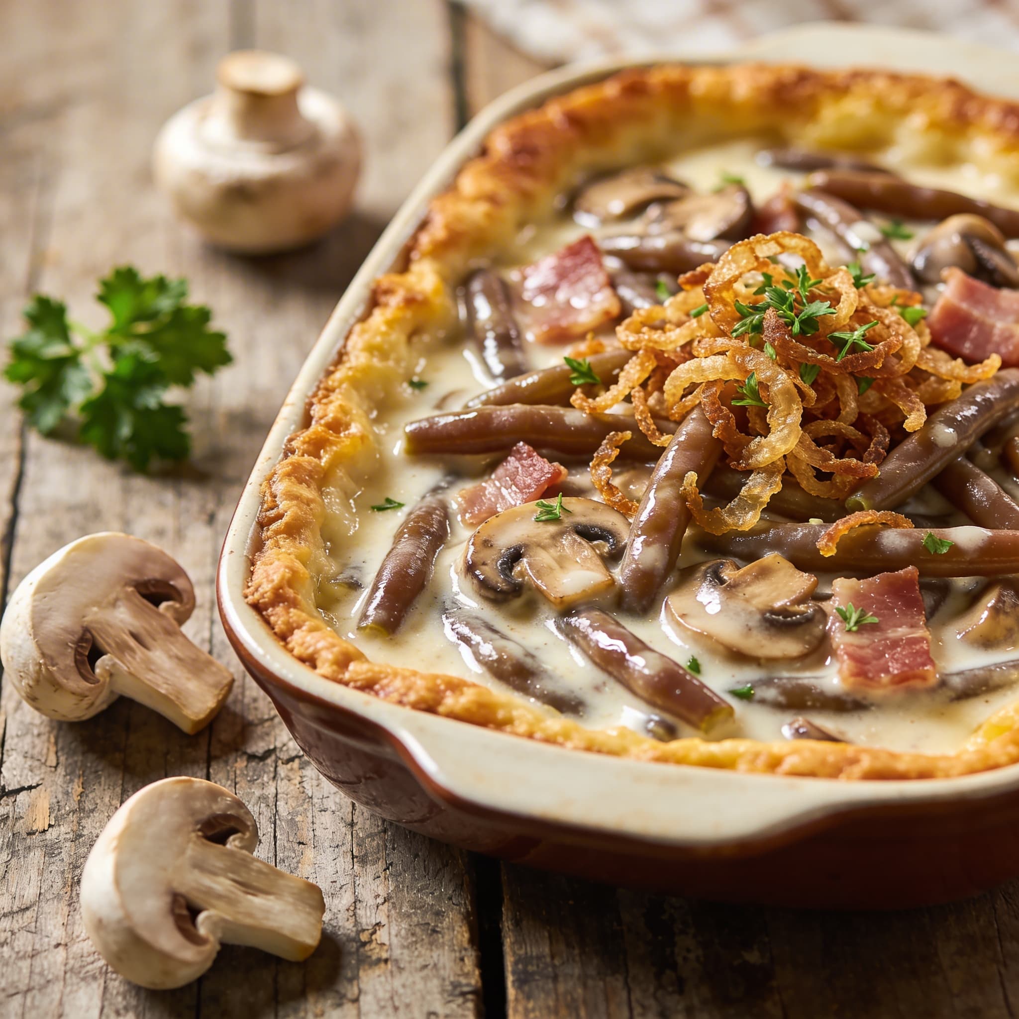 Cremiger Prinzessbohnen-Auflauf mit Speck