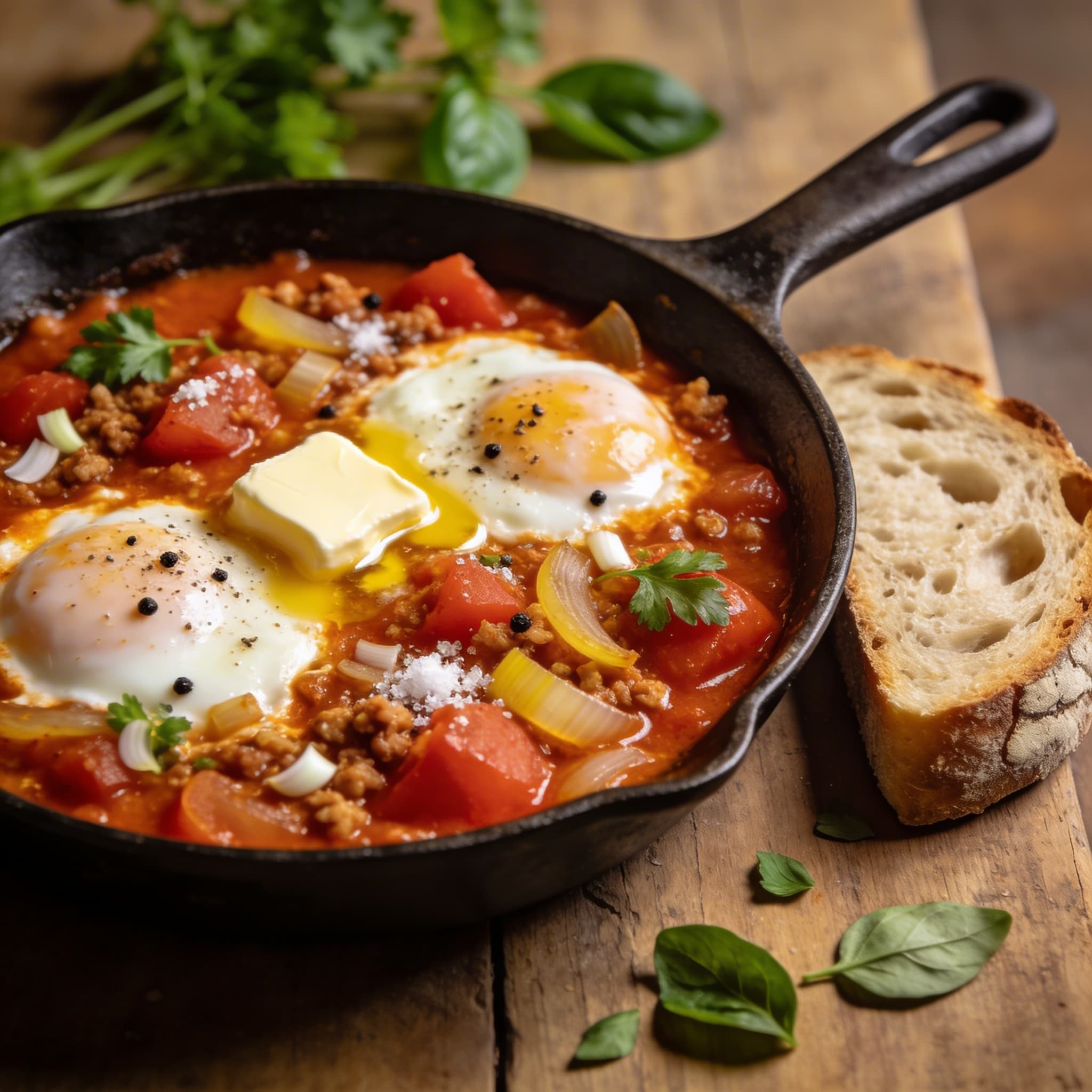 Klassische Schakschuka mit Bauernbrot