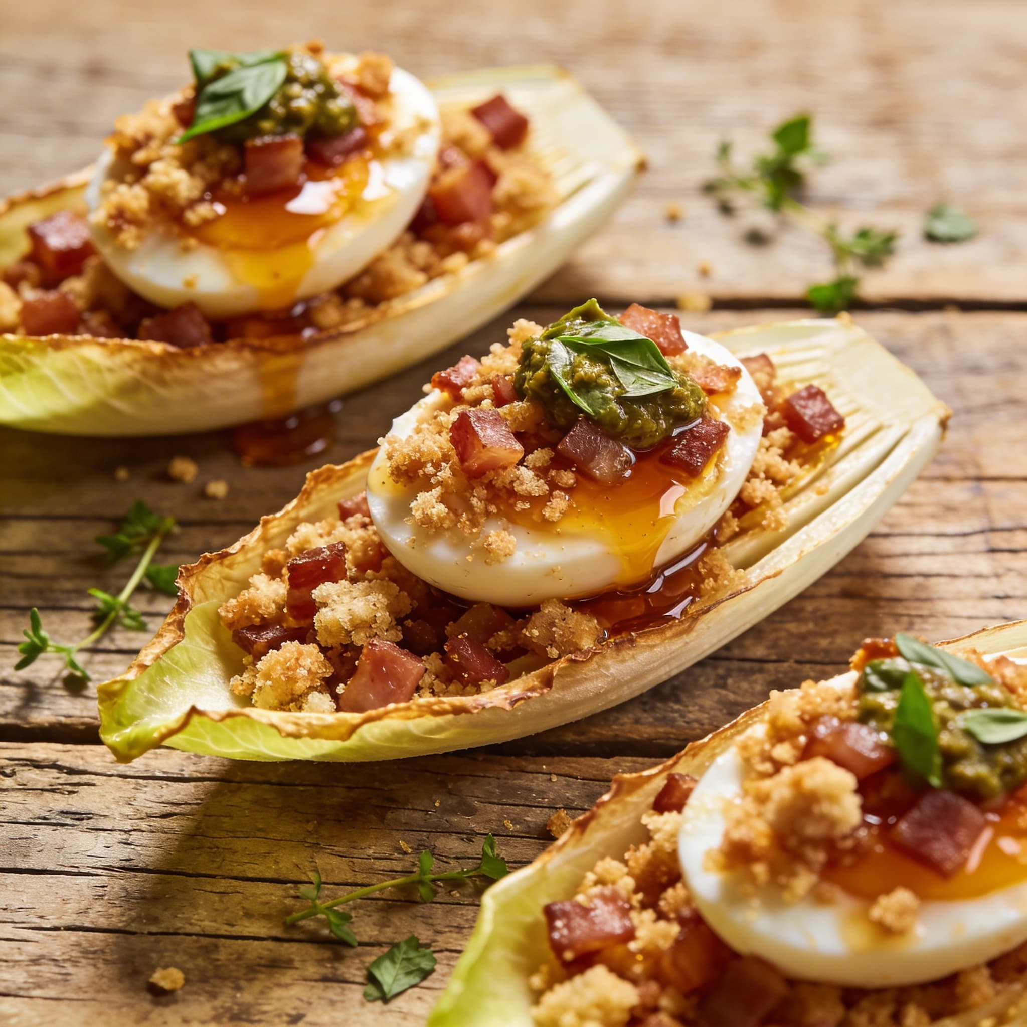 Kopfsalatherzen mit Speck-Crumble