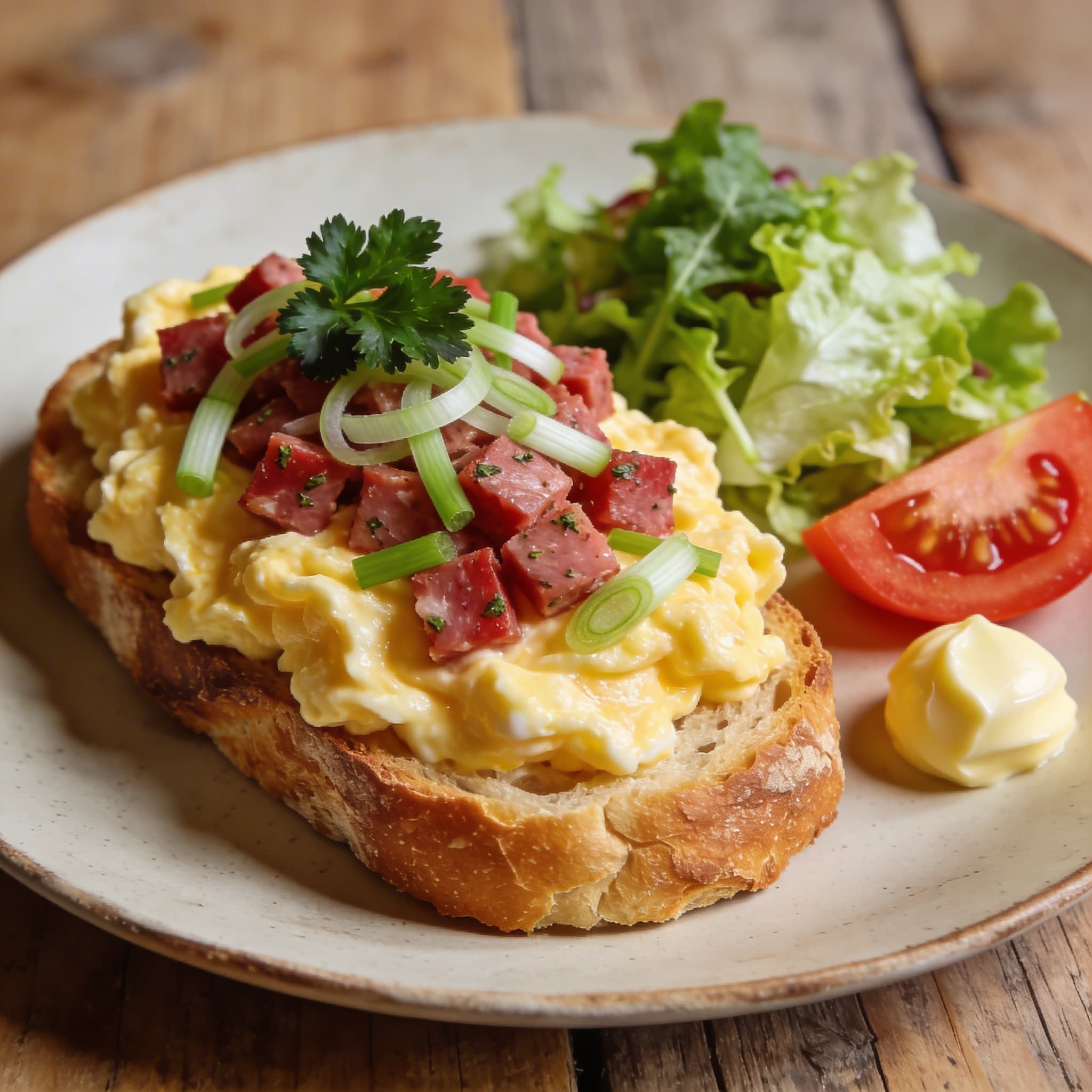 Deftiges Rührei auf Bauernbrot