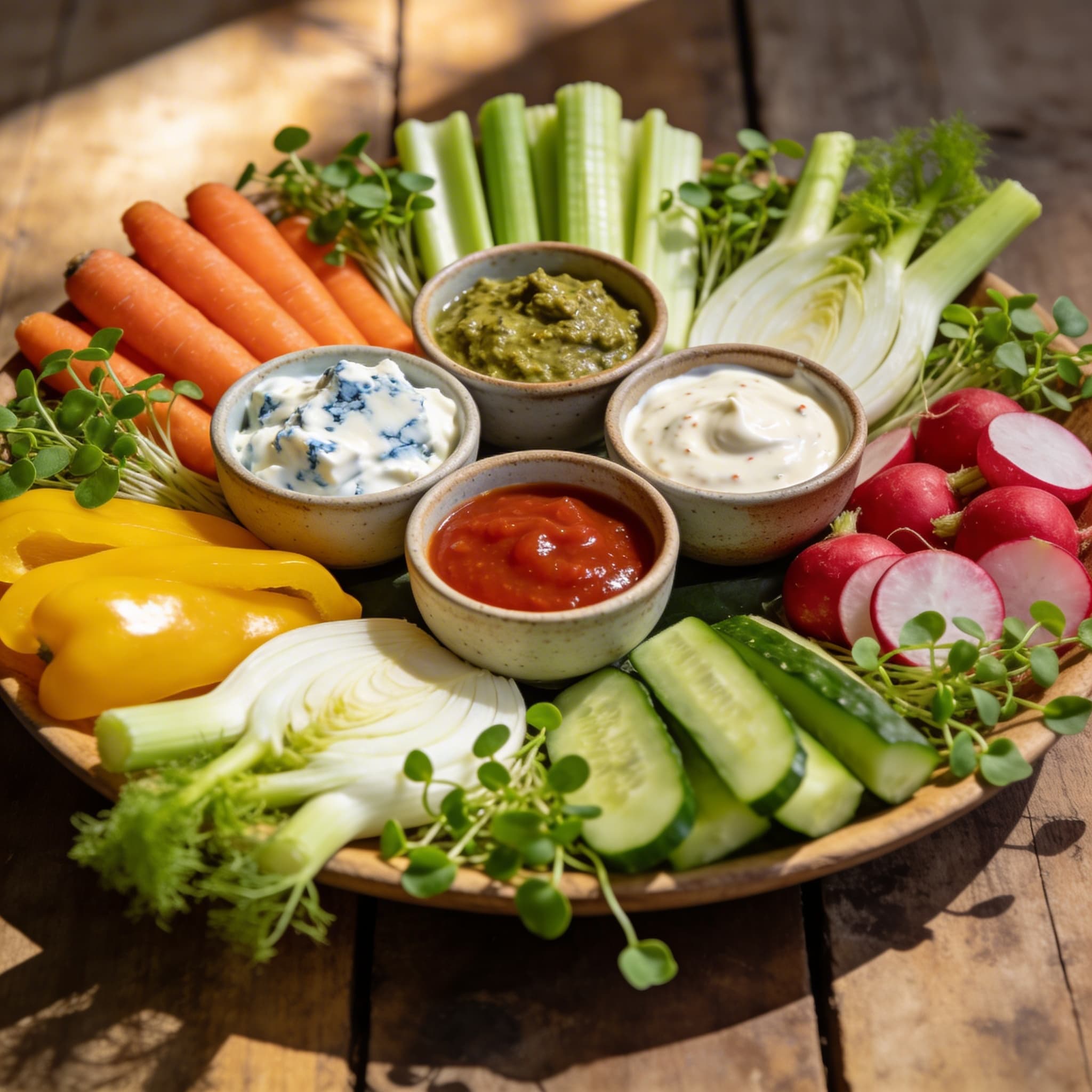 Bunte Rohkostplatte mit Dips