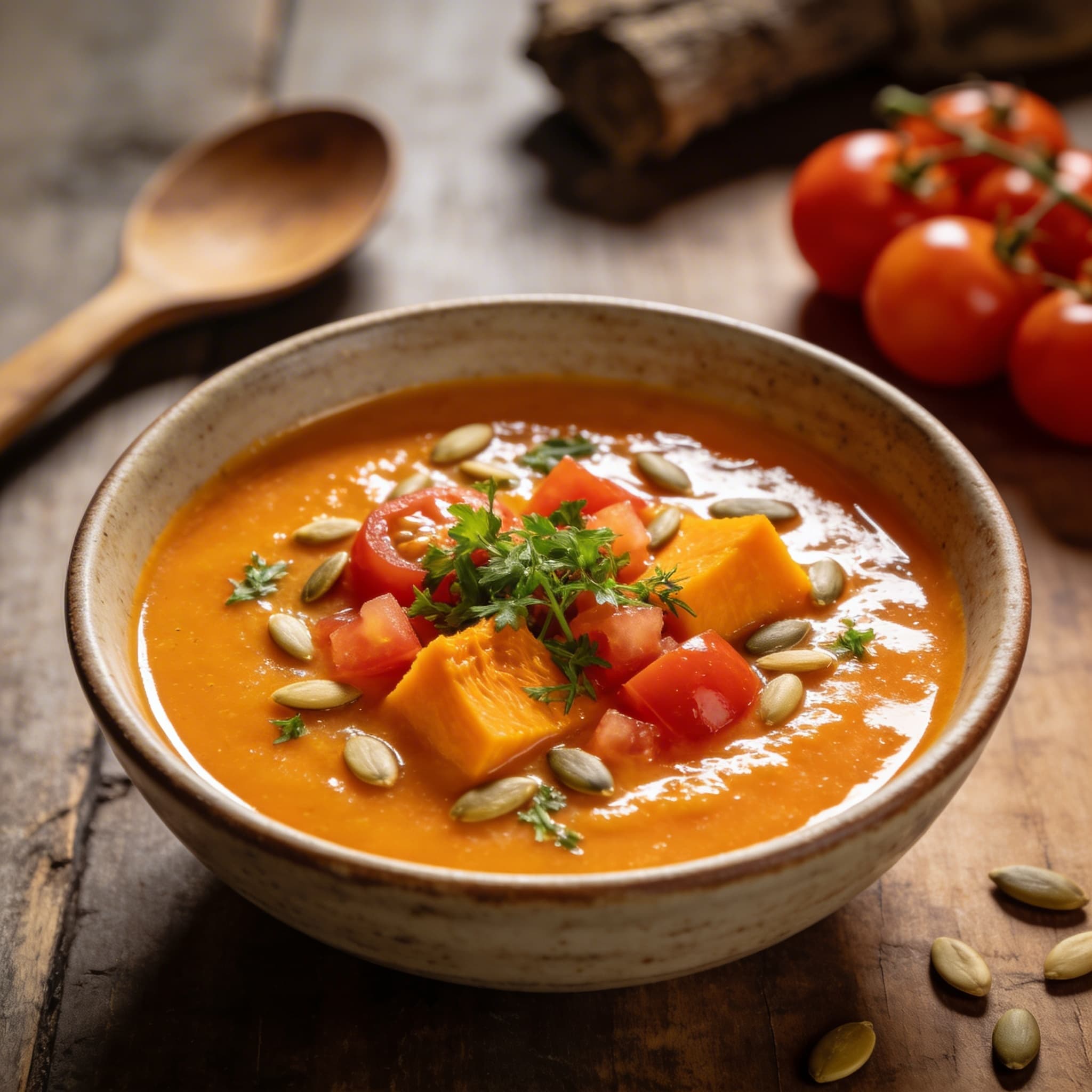 Herzhafte Kürbissuppe mit Tomaten
