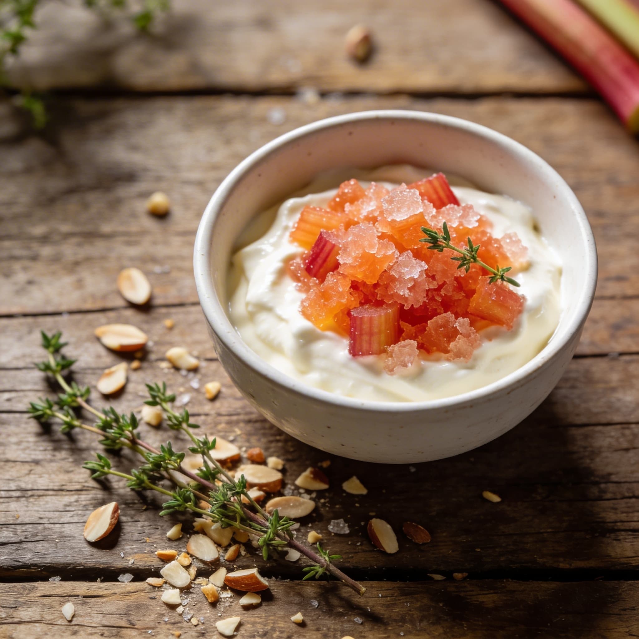 Joghurt-Mousse mit Rhabarber-Granita