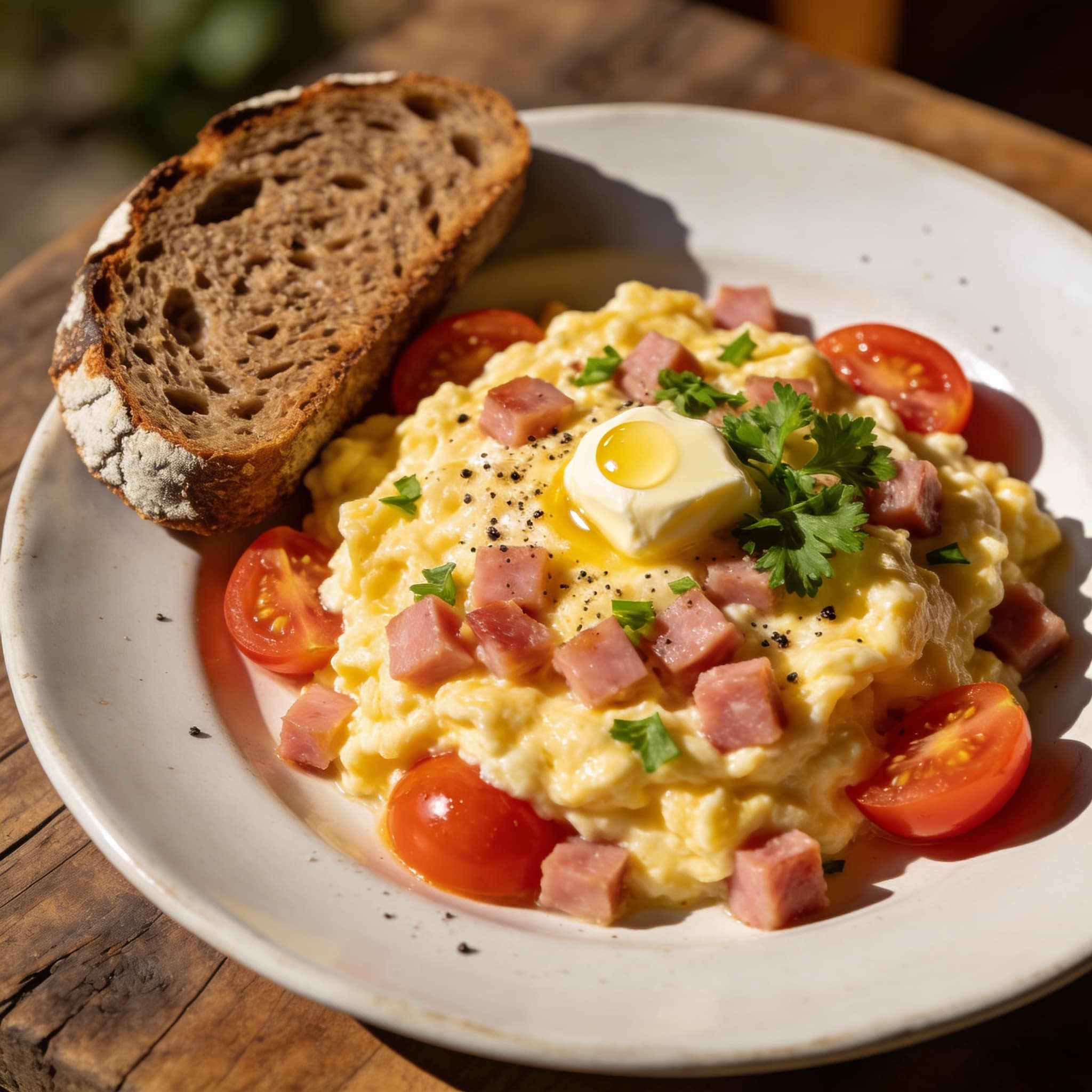 Saftiges Rührei mit Kochschinken