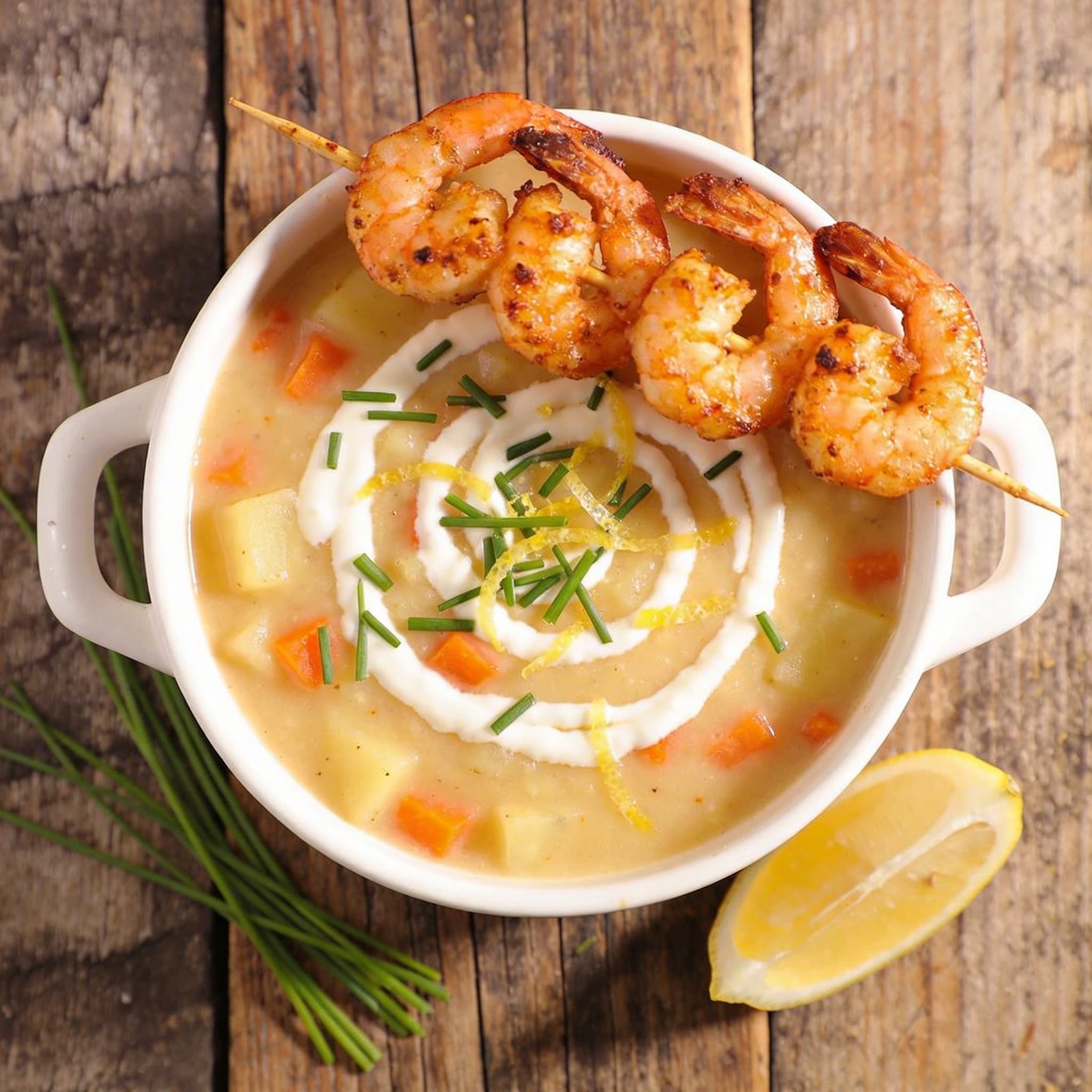 Cremige Kartoffelsuppe mit Garnelen