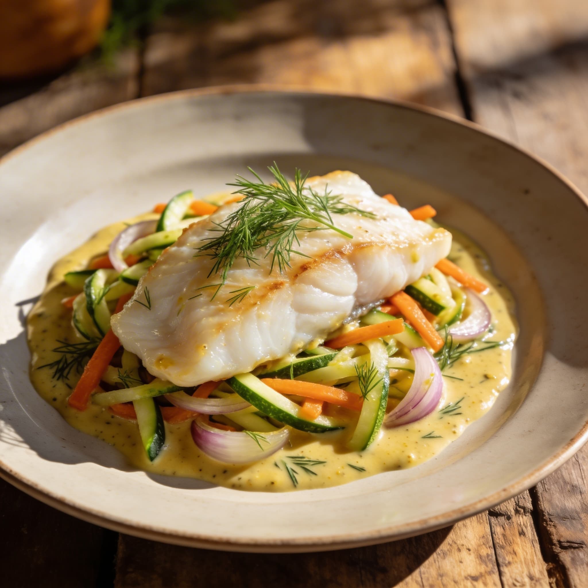 Kabeljau auf Senf-Dill-Gemüse