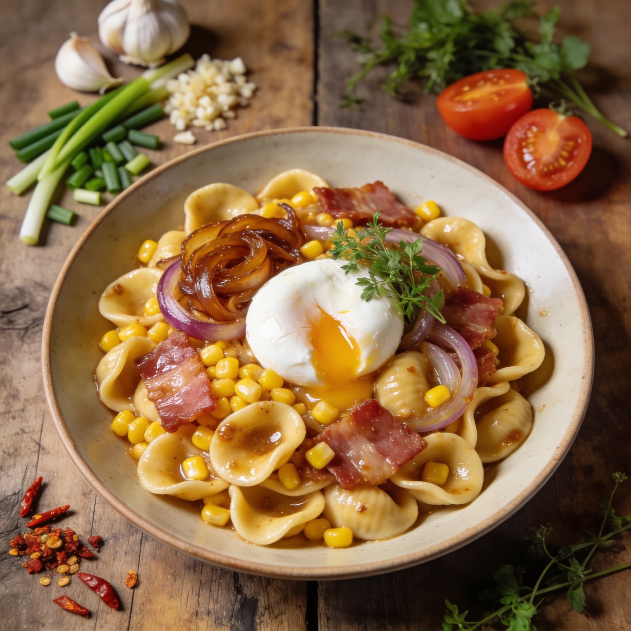 Orecchiette mit Mais und Speck