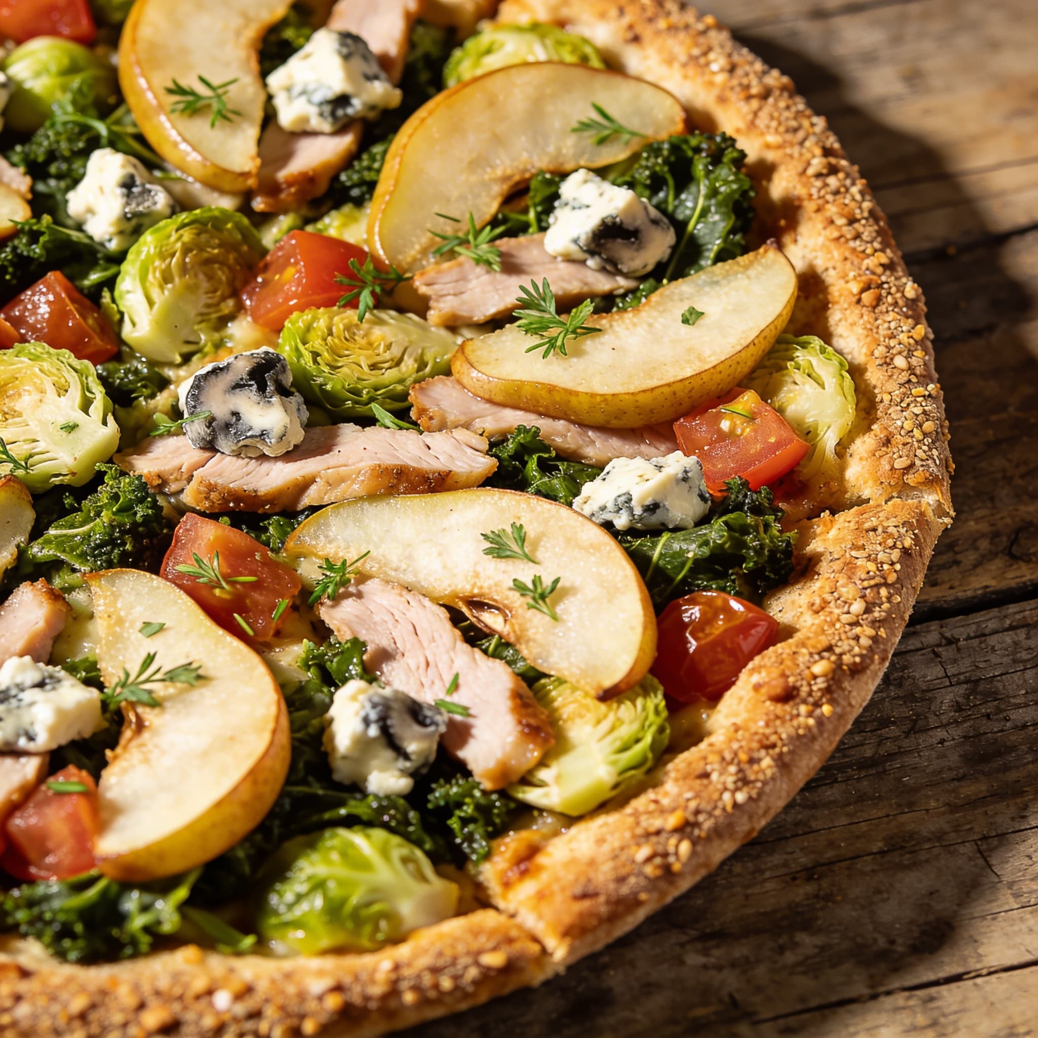 Herzhafte Rosenkohl-Birnen-Pizza