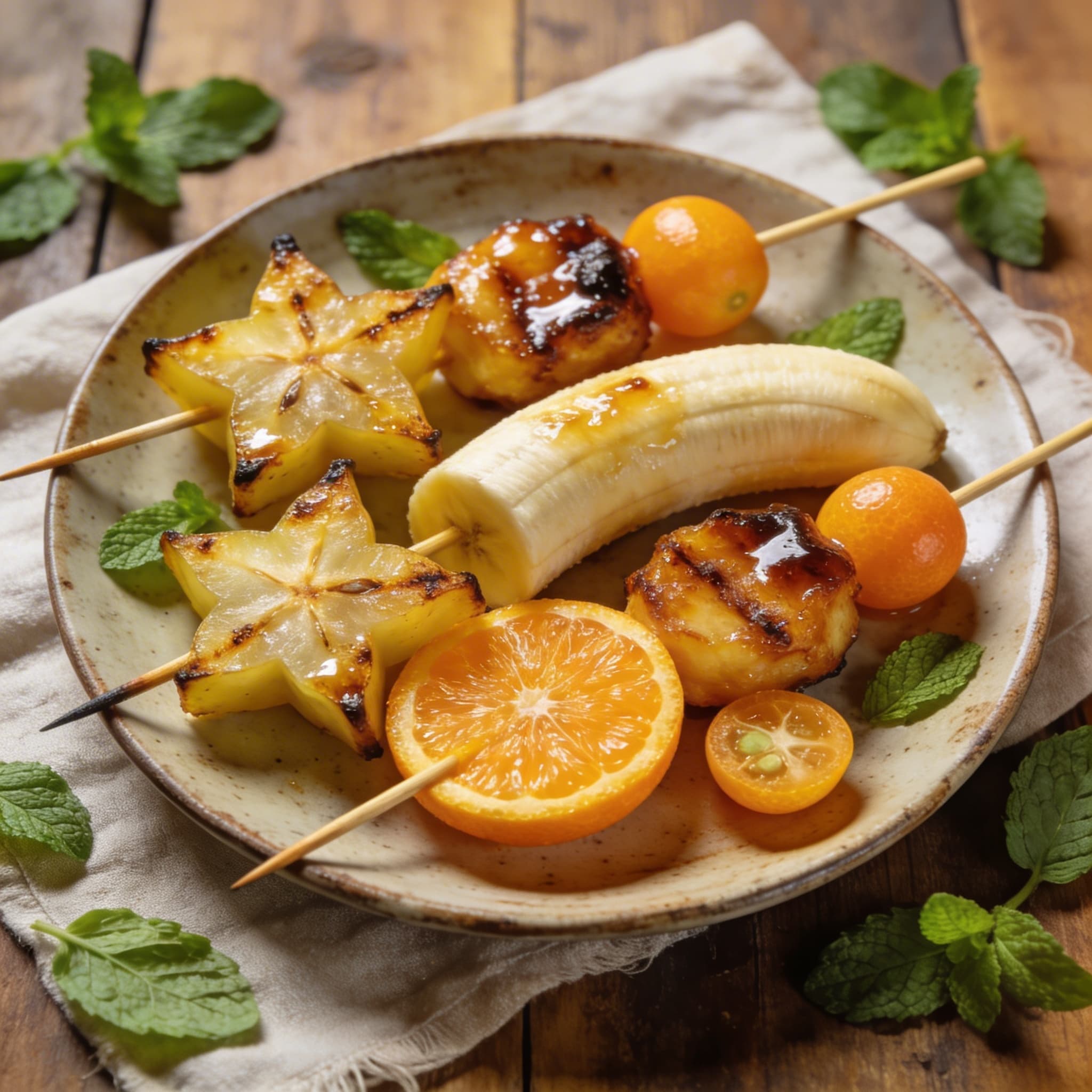 Gegrillte bunte Obstspieße