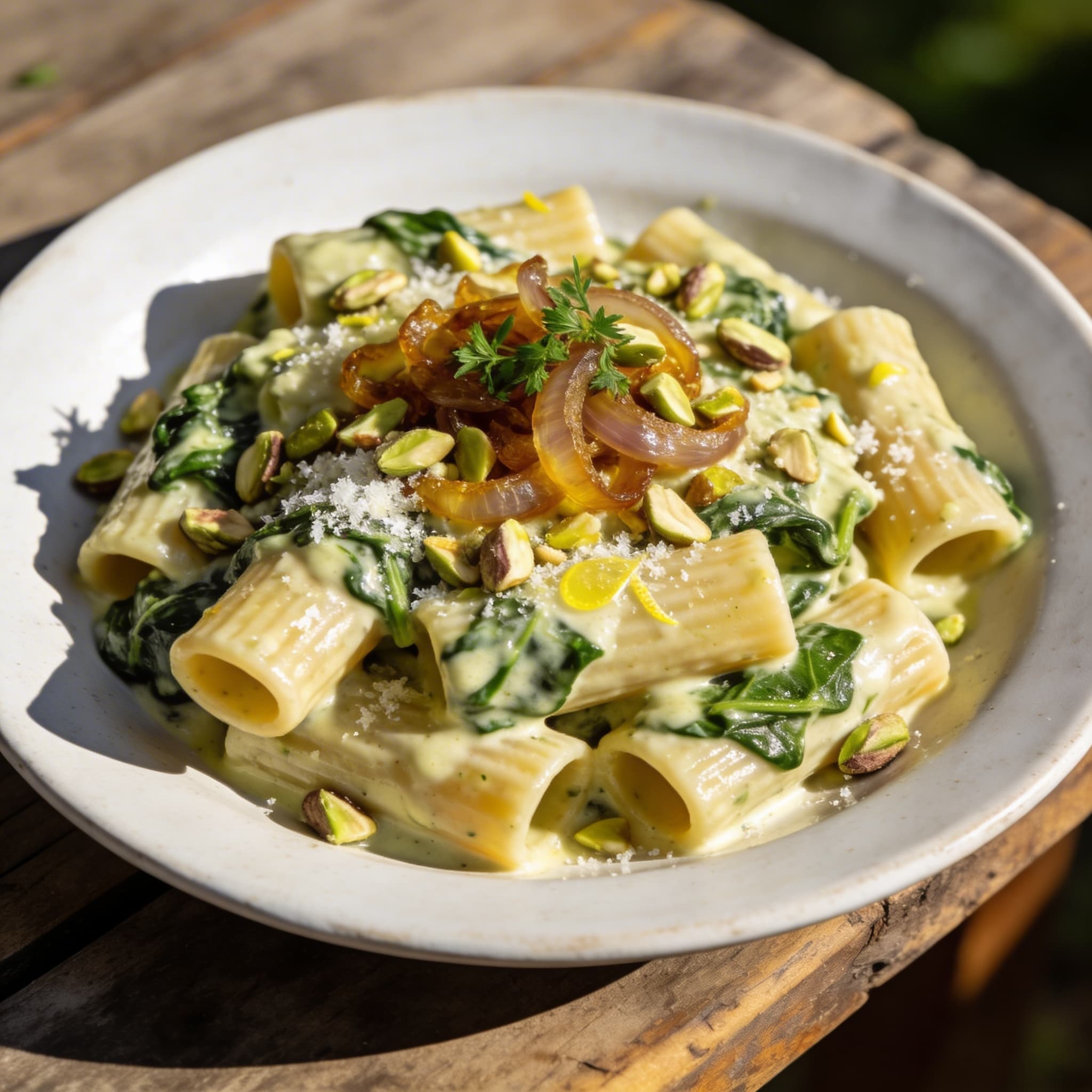 Cremige Spinat-Rigatoni mit Pistazien