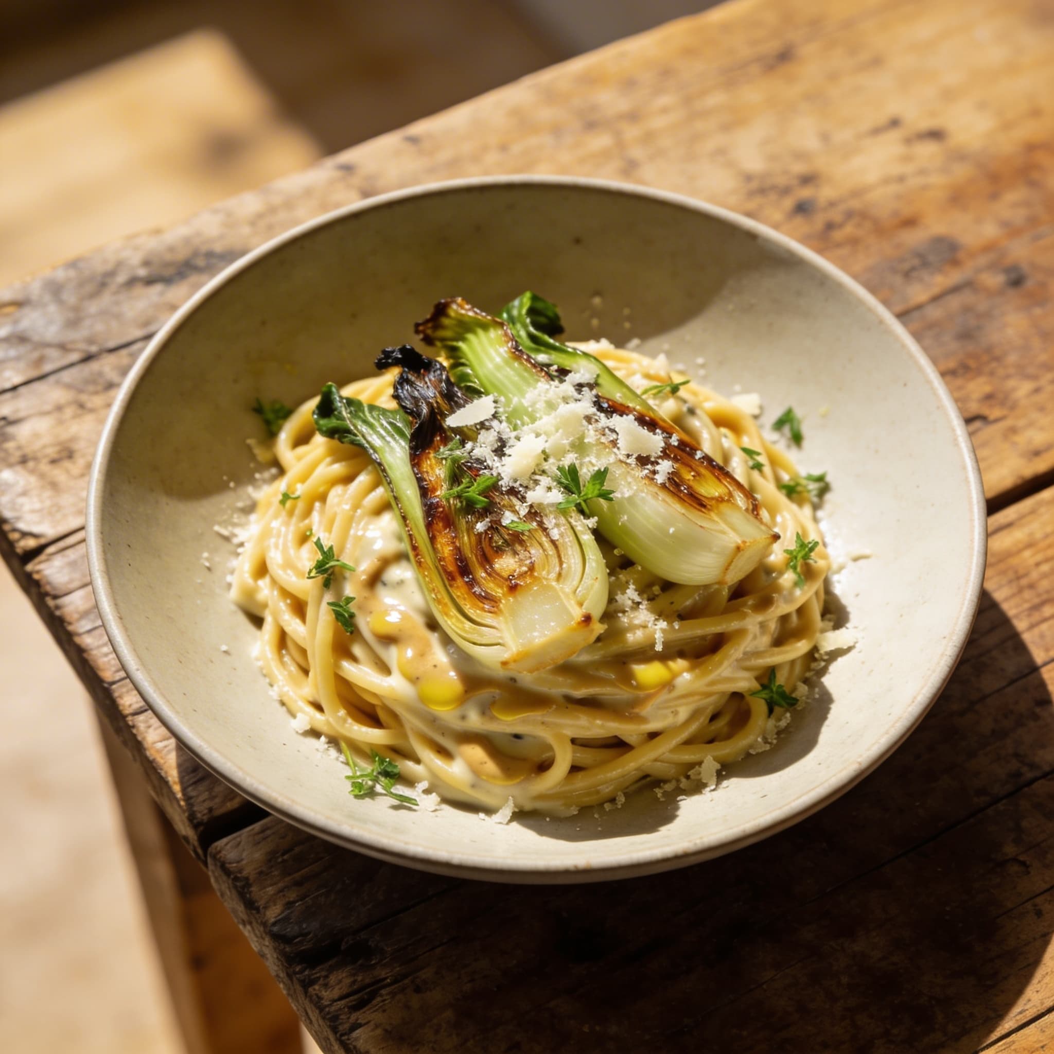 Cremige Lauch-Miso-Spaghetti