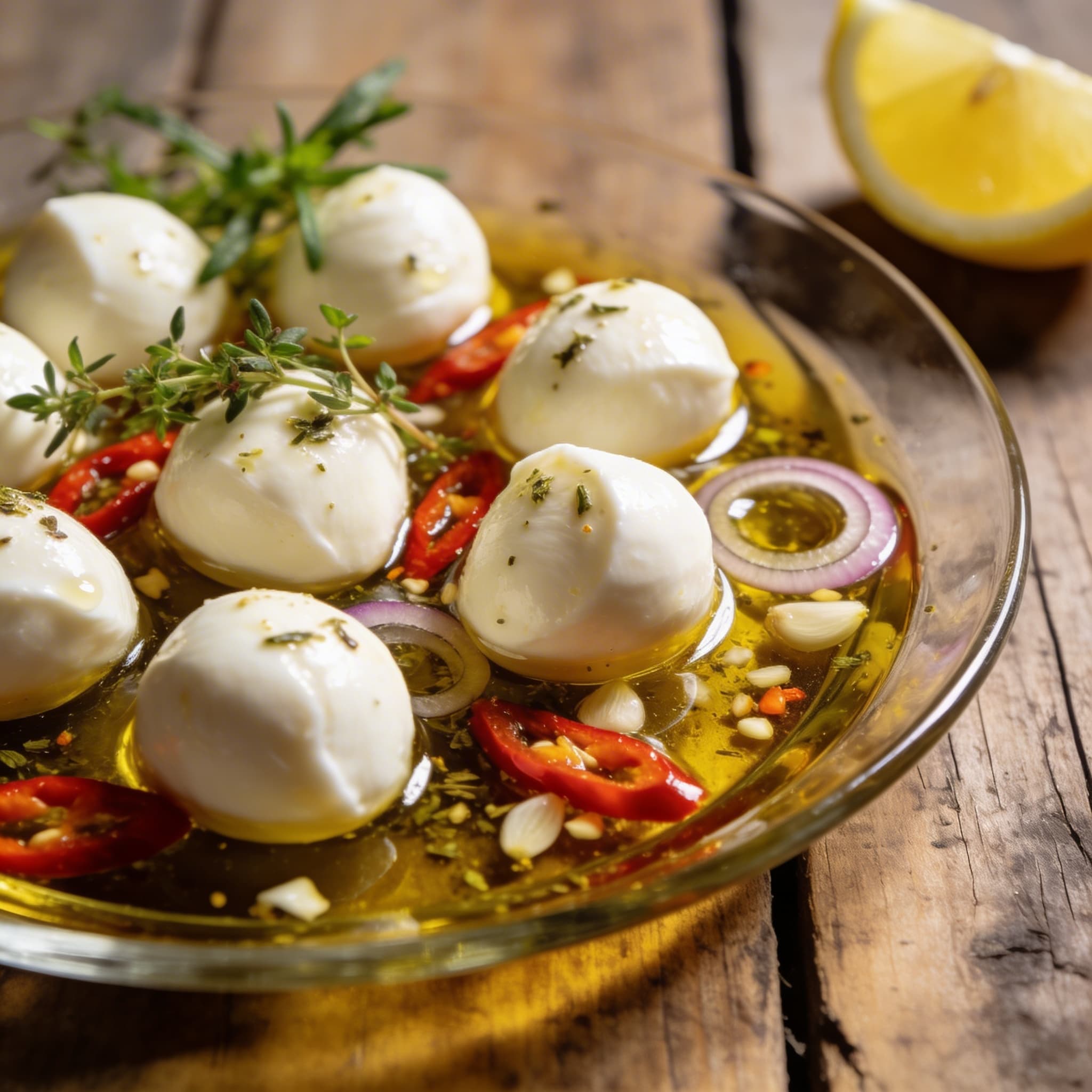 Würziger, eingelegter Mini-Mozzarella