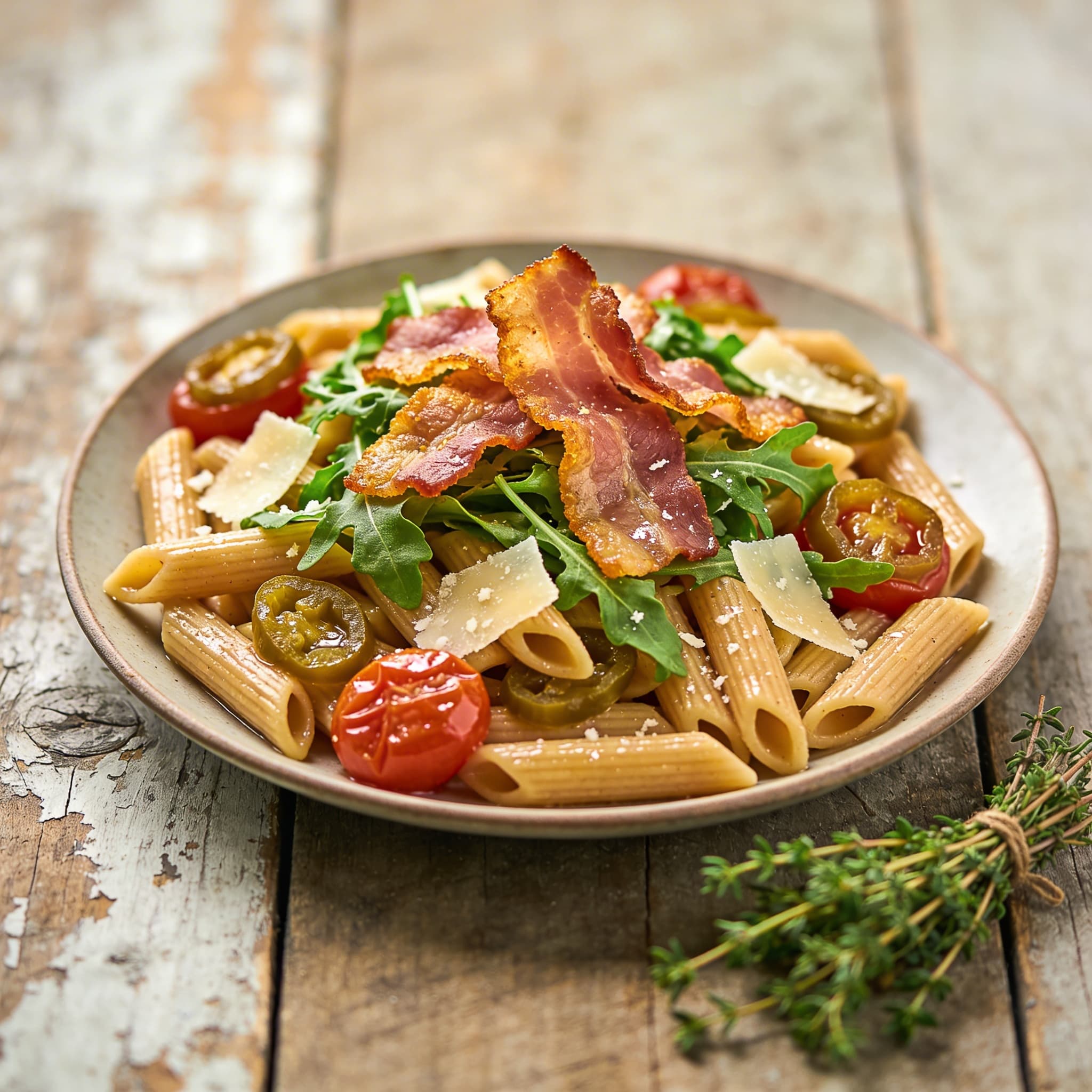 Dinkel-Penne mit krossem Speck