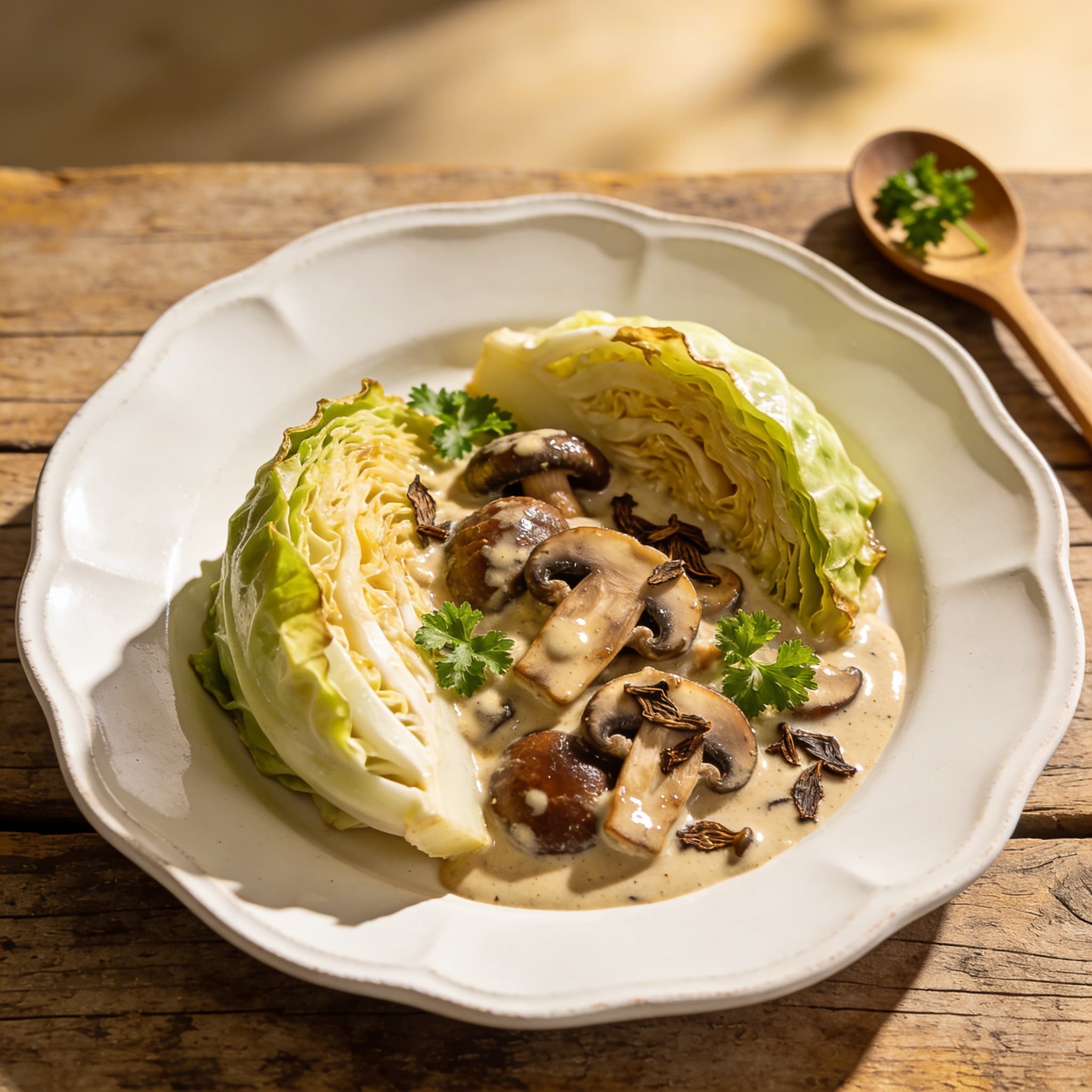 Gedünsteter Spitzkohl mit Pilzrahm