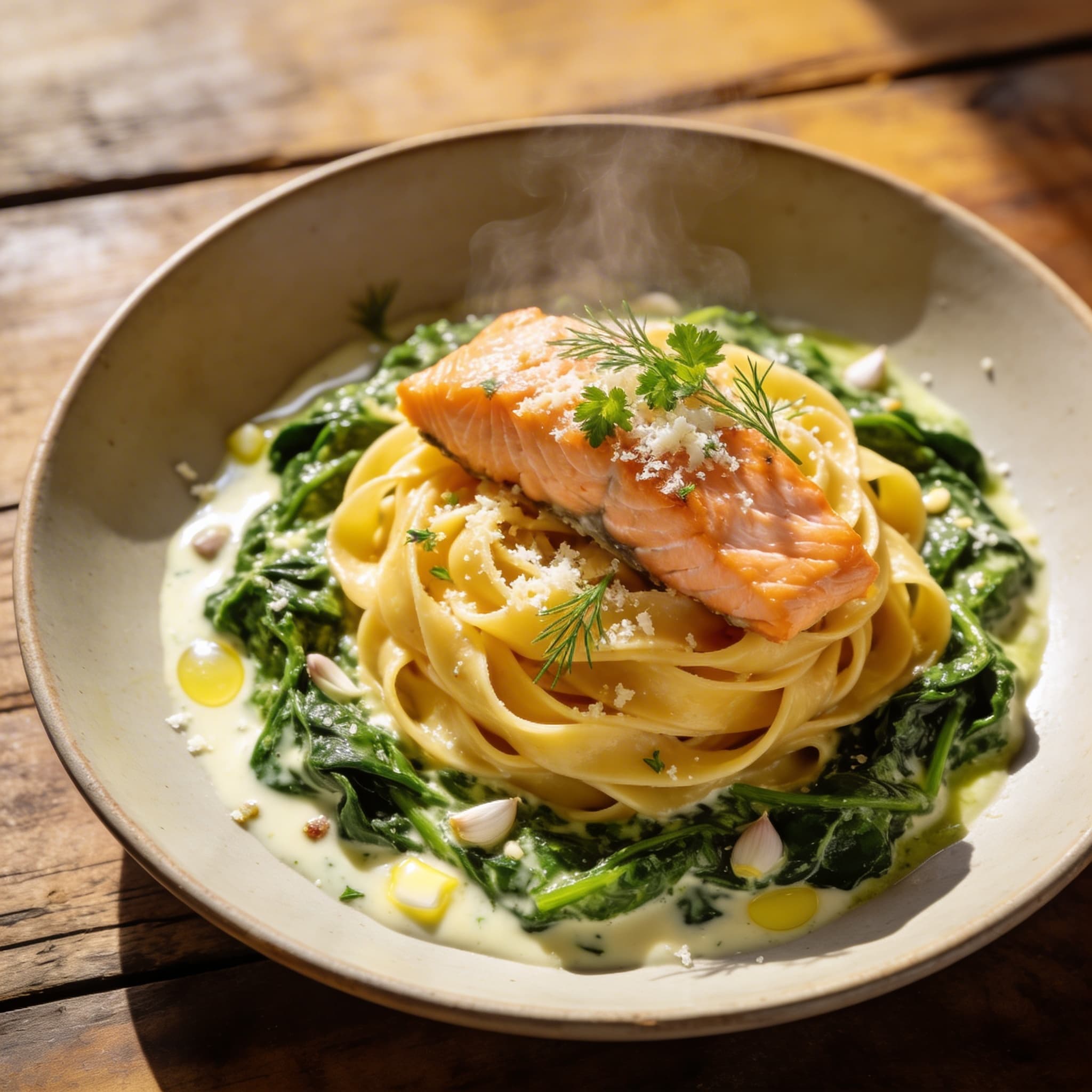 Lachs-Tagliatelle mit Rahmspinat
