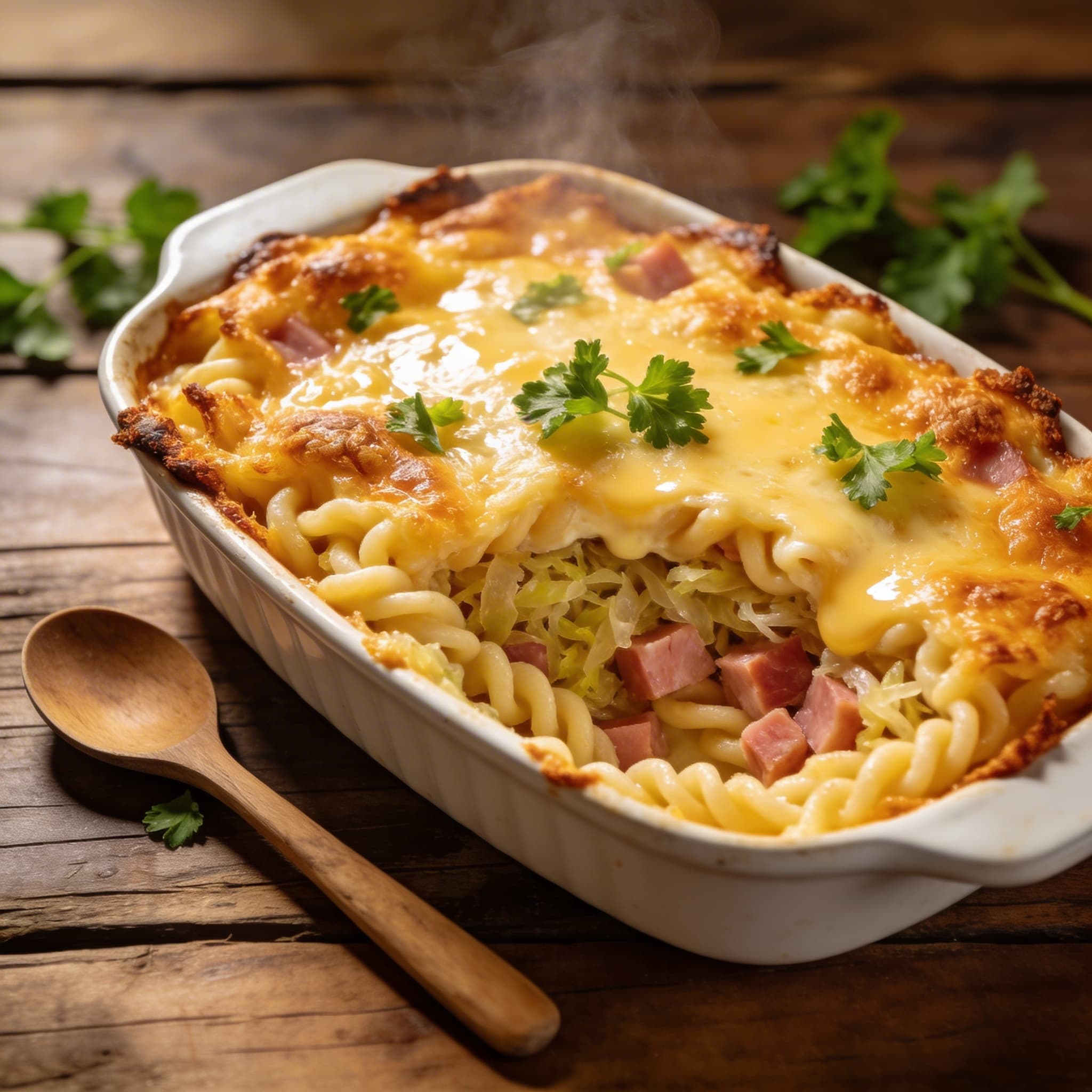 Spätzle-Kraut-Auflauf mit Schinken