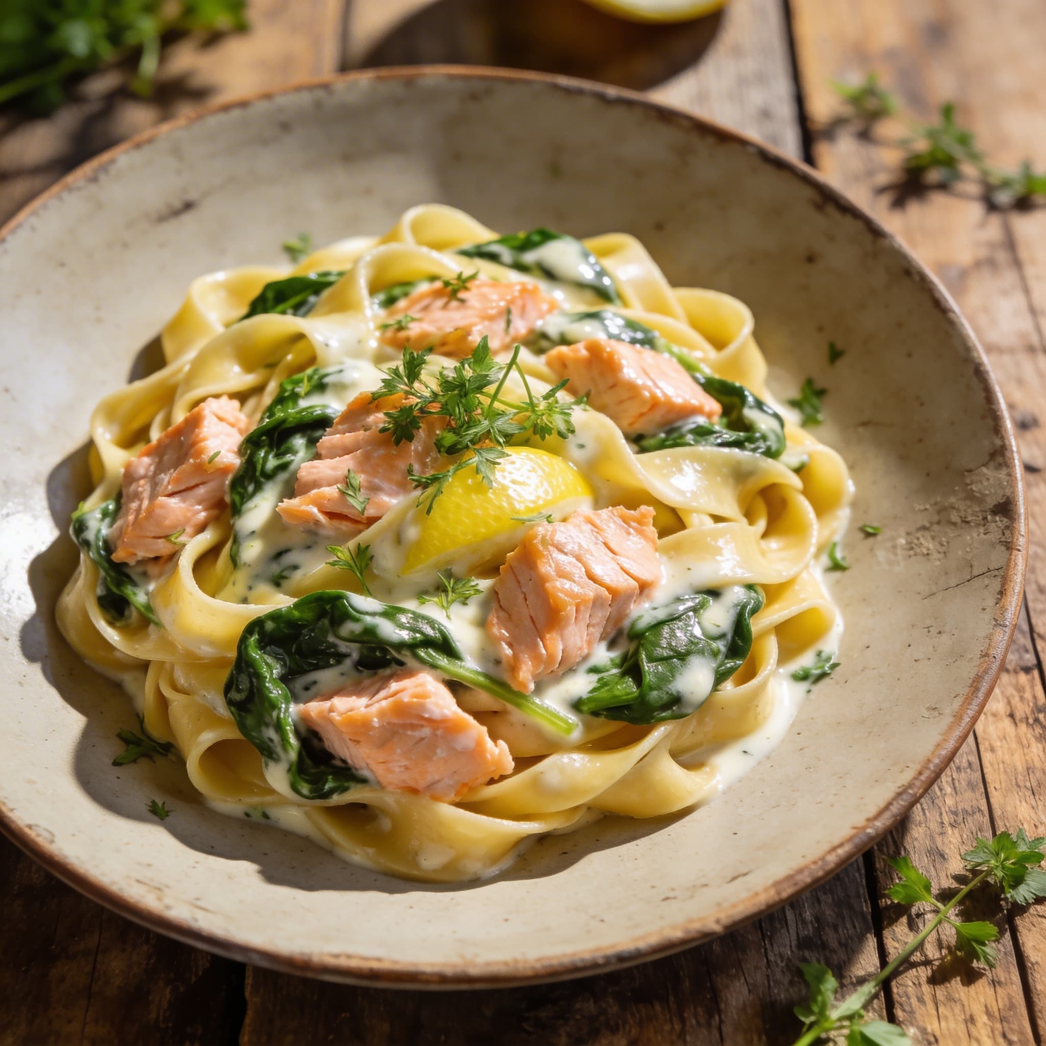 Lachs-Tagliatelle mit Rahmspinat